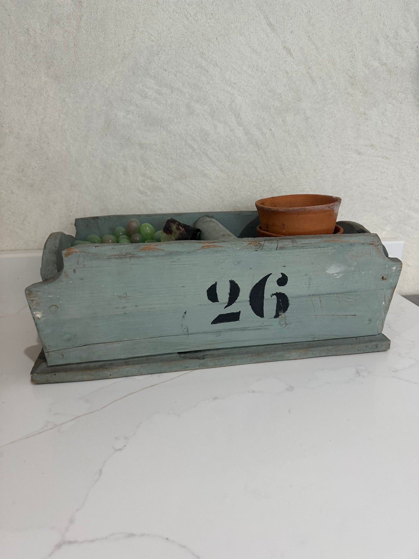 Vintage French baby blue chippy paint No 26 trug found in a vineyard