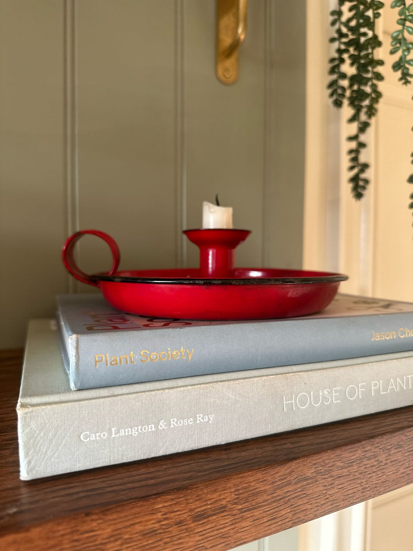 bright red vintage enamel chamberstick candle