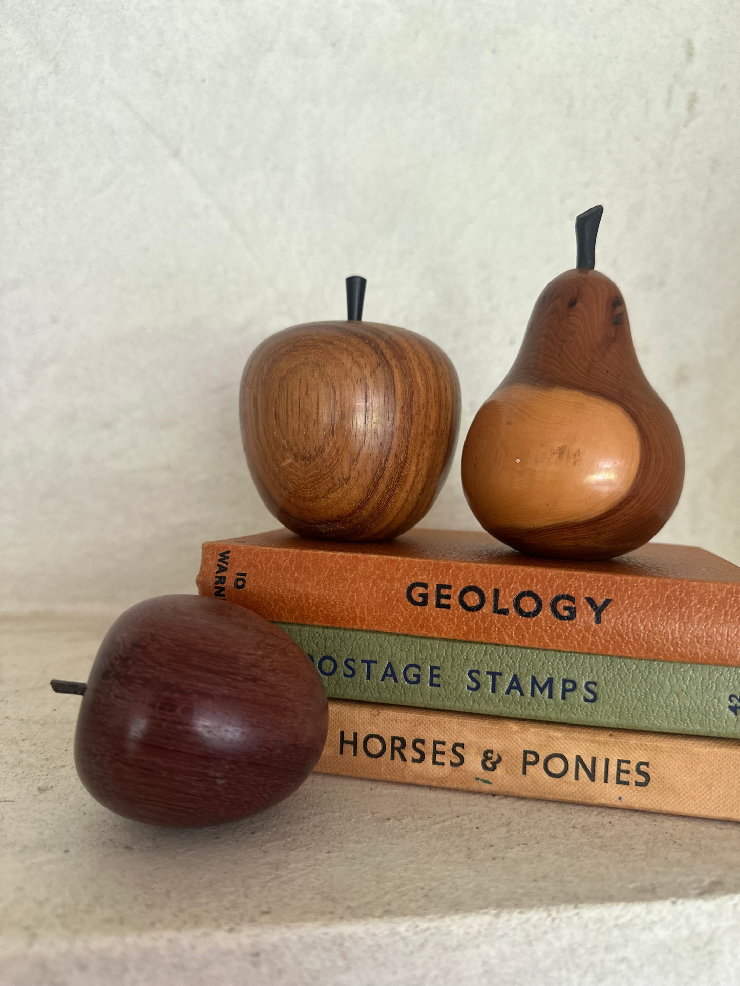 3 piece wooden fruit set mid century