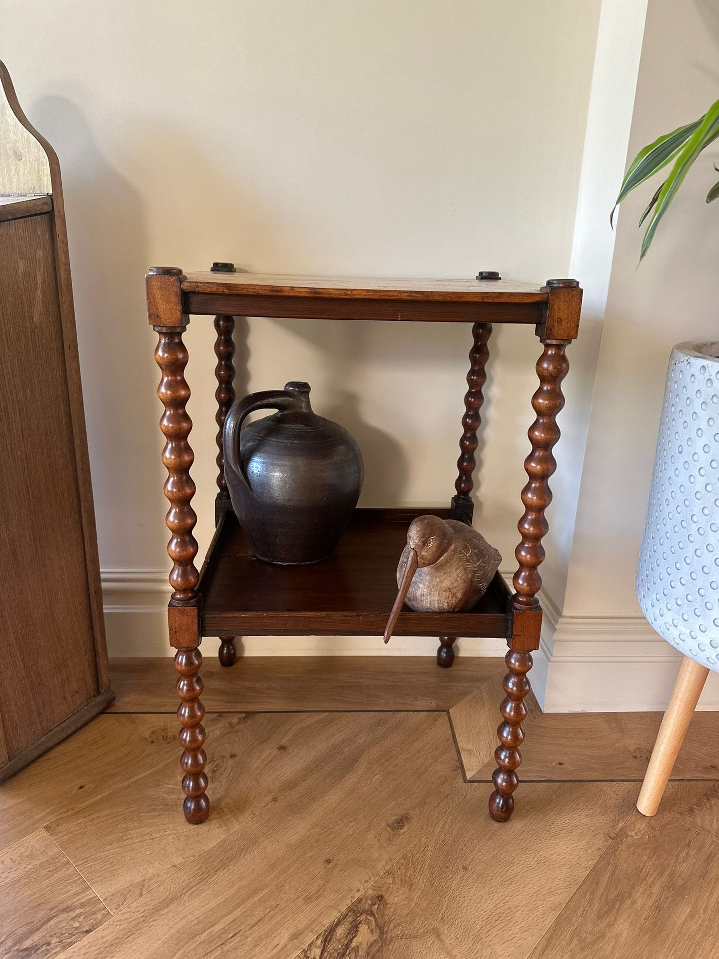 vintage bobbin side table with shelf
