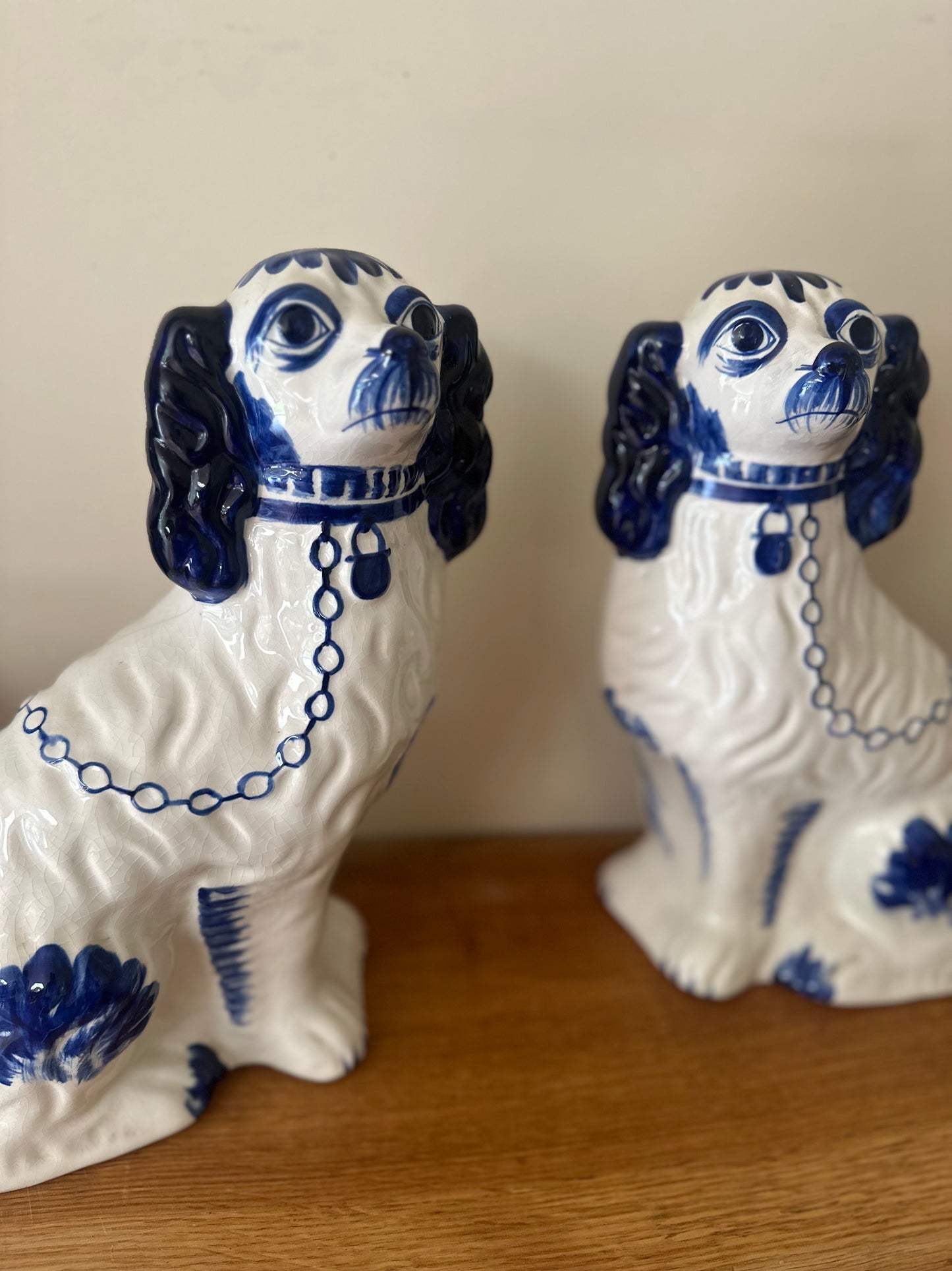 Pair of hand painted Staffordshire wally dogs large blue & white