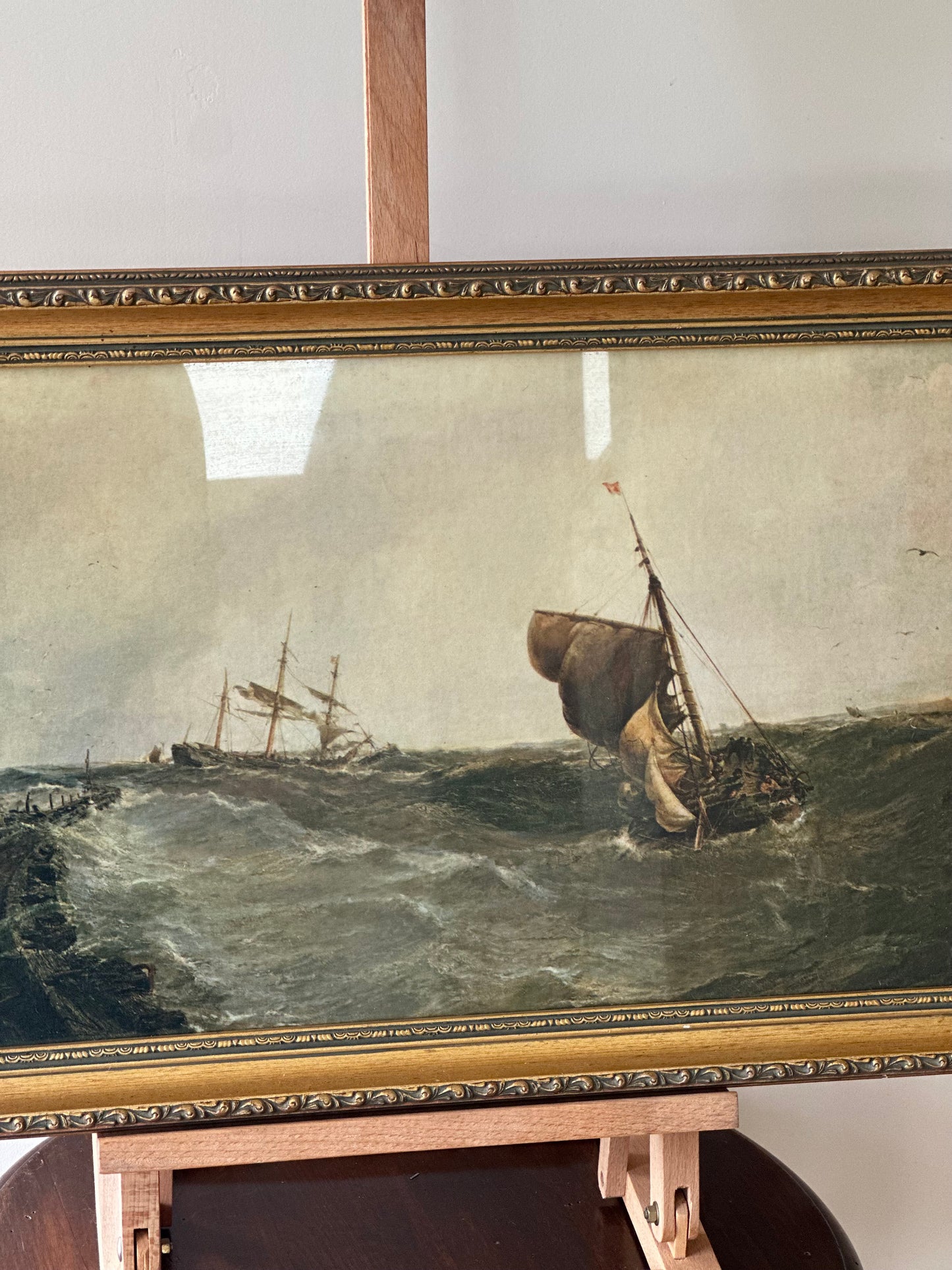 Large framed boat print glass fronted vintage wall art