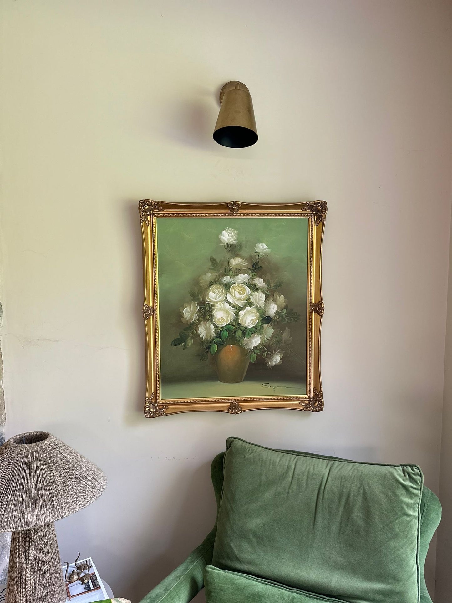 vintage framed floral painting signed large