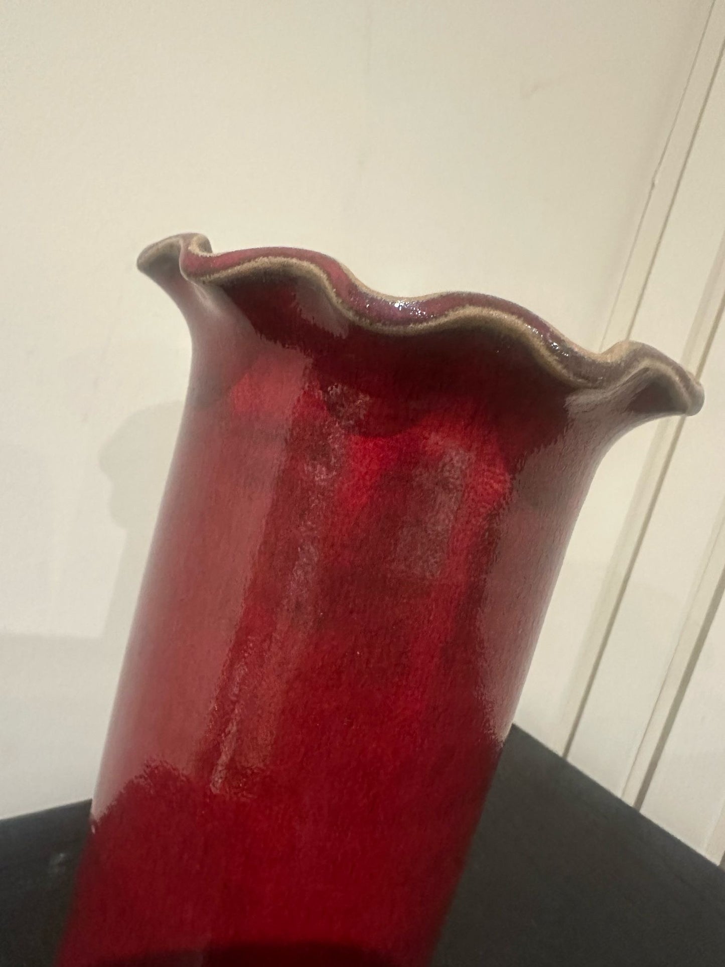 vintage studio pottery ruffle edge tall vase red