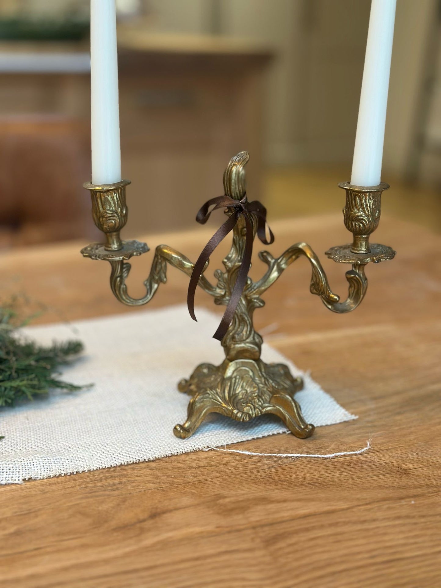pair of vintage brass double candle holders
