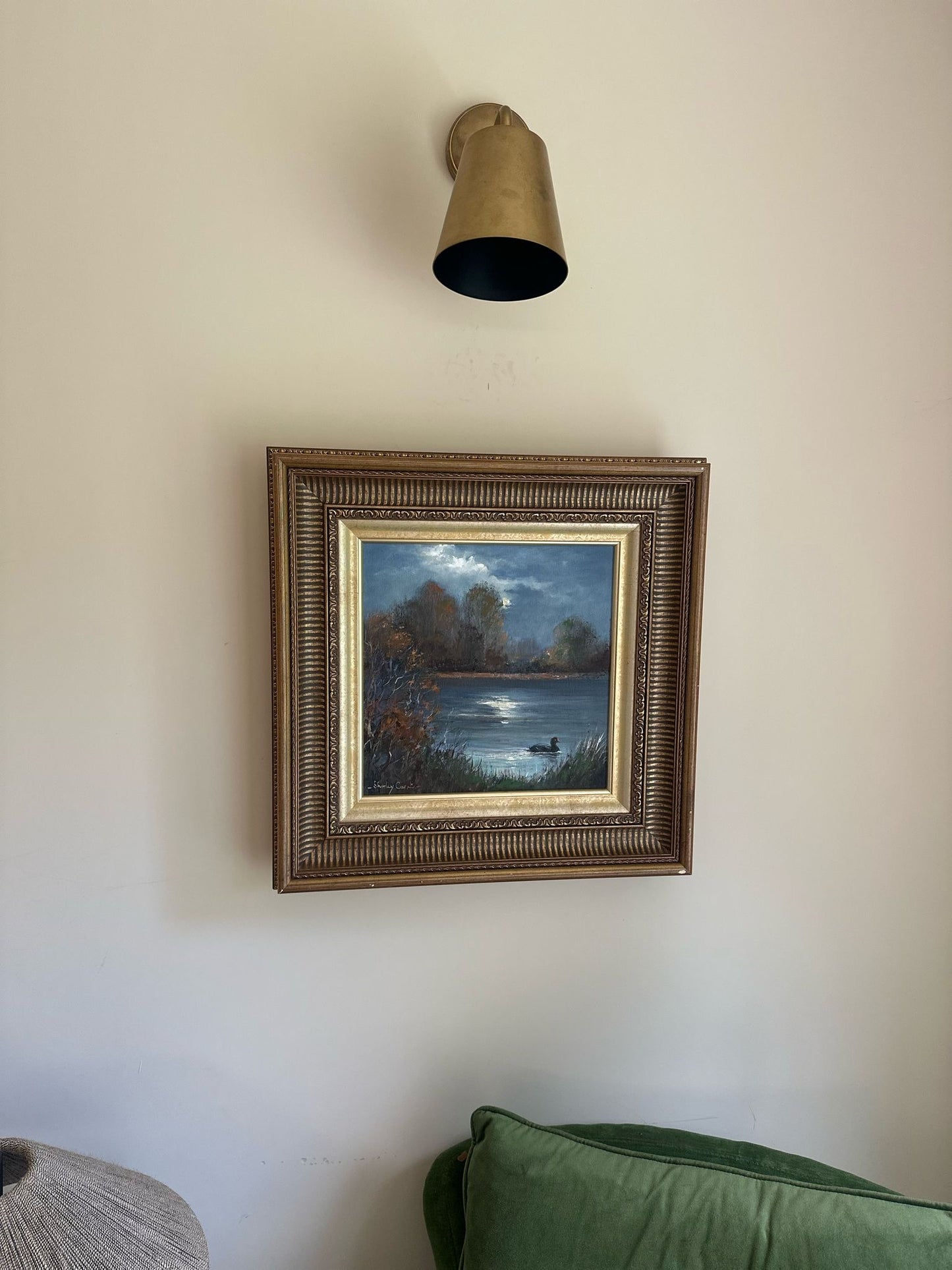 vintage oil painting of a duck at night framed
