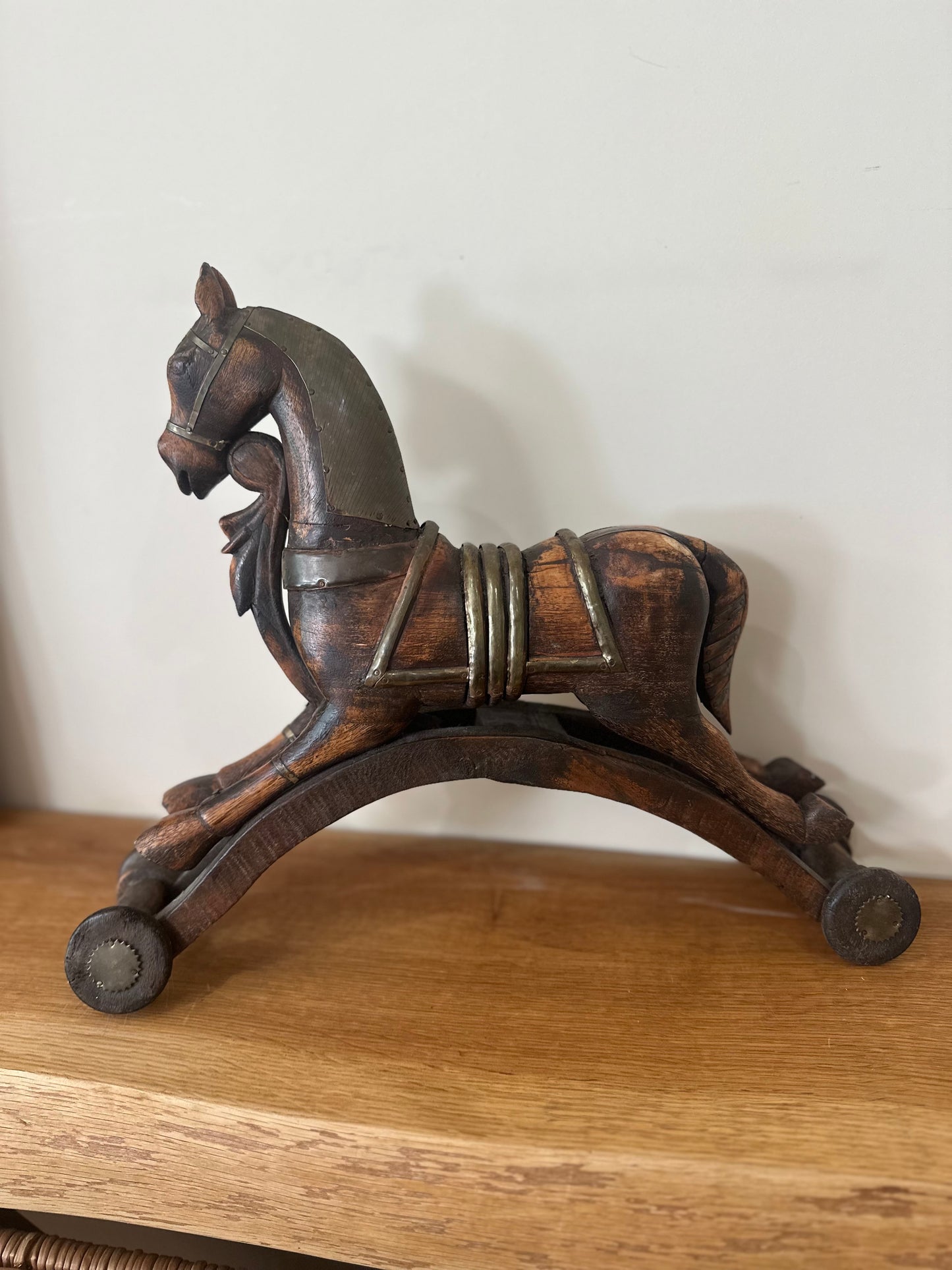 Vintage wooden & brass folk art rocking horse