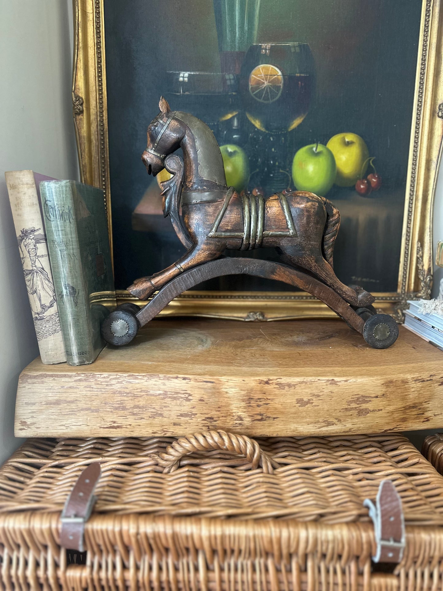Vintage wooden & brass folk art rocking horse