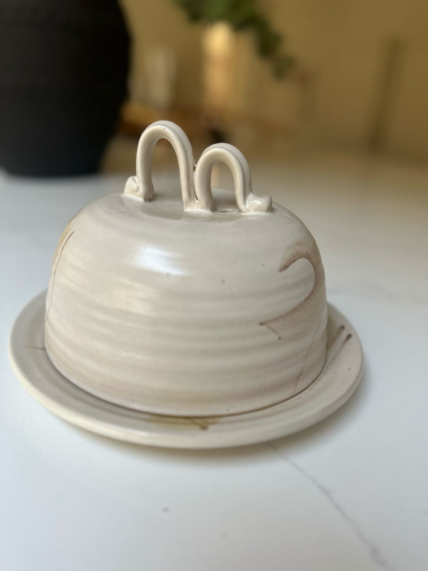 large cheese / butter dome neutral studio pottery