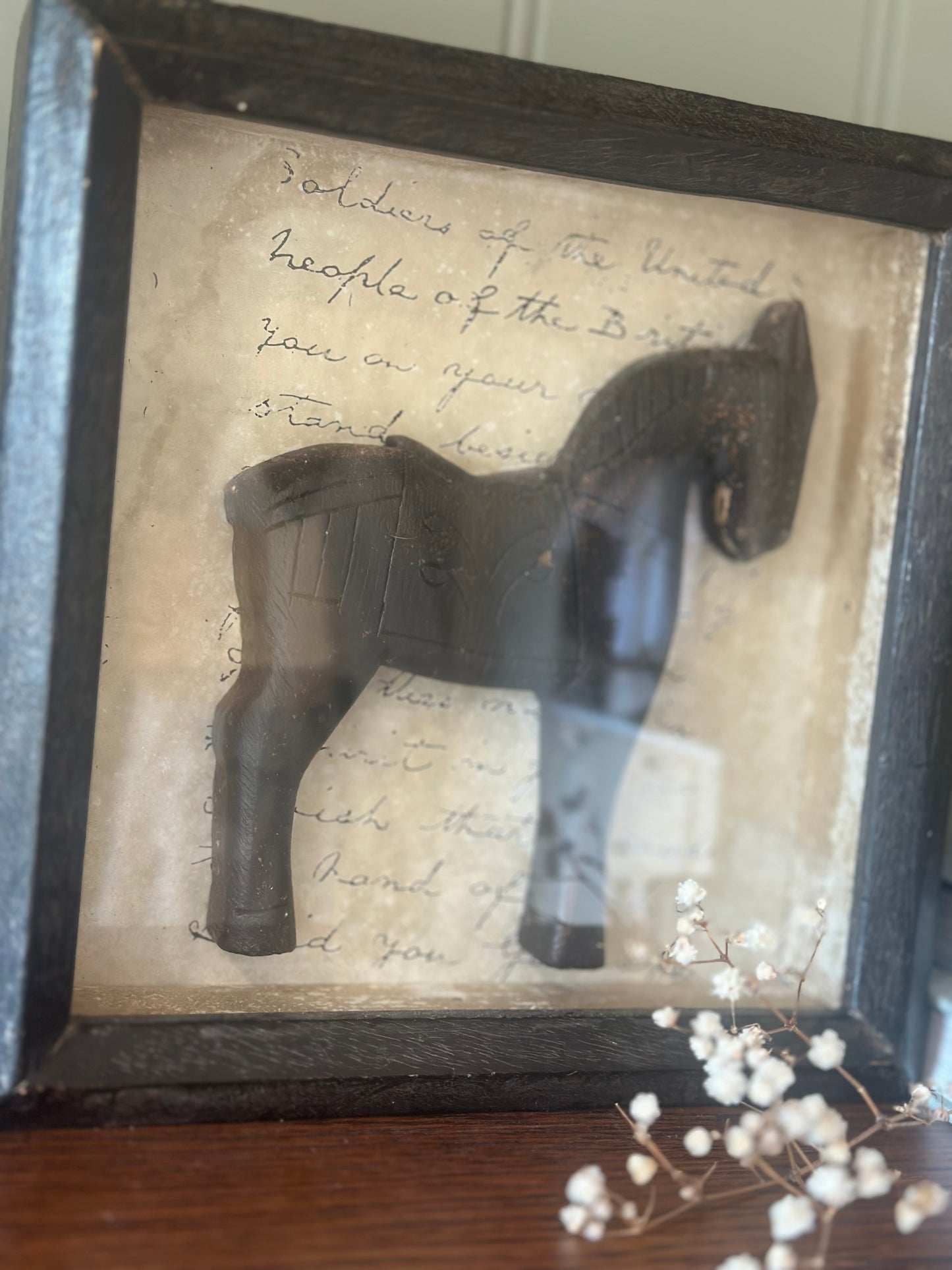 Vintage wooden horse in a box shelf styling piece