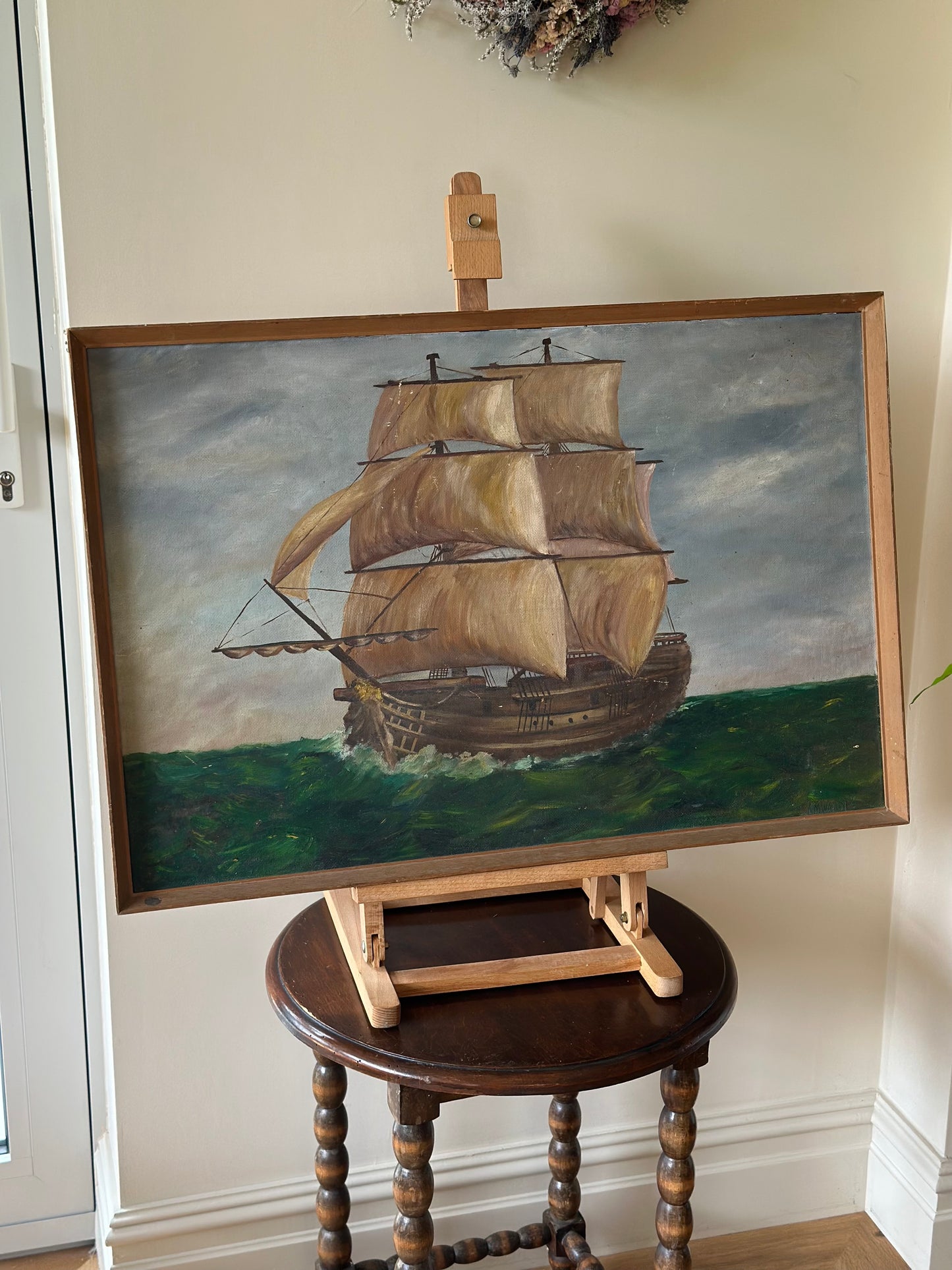 Vintage wall art oil on board signed framed - boat