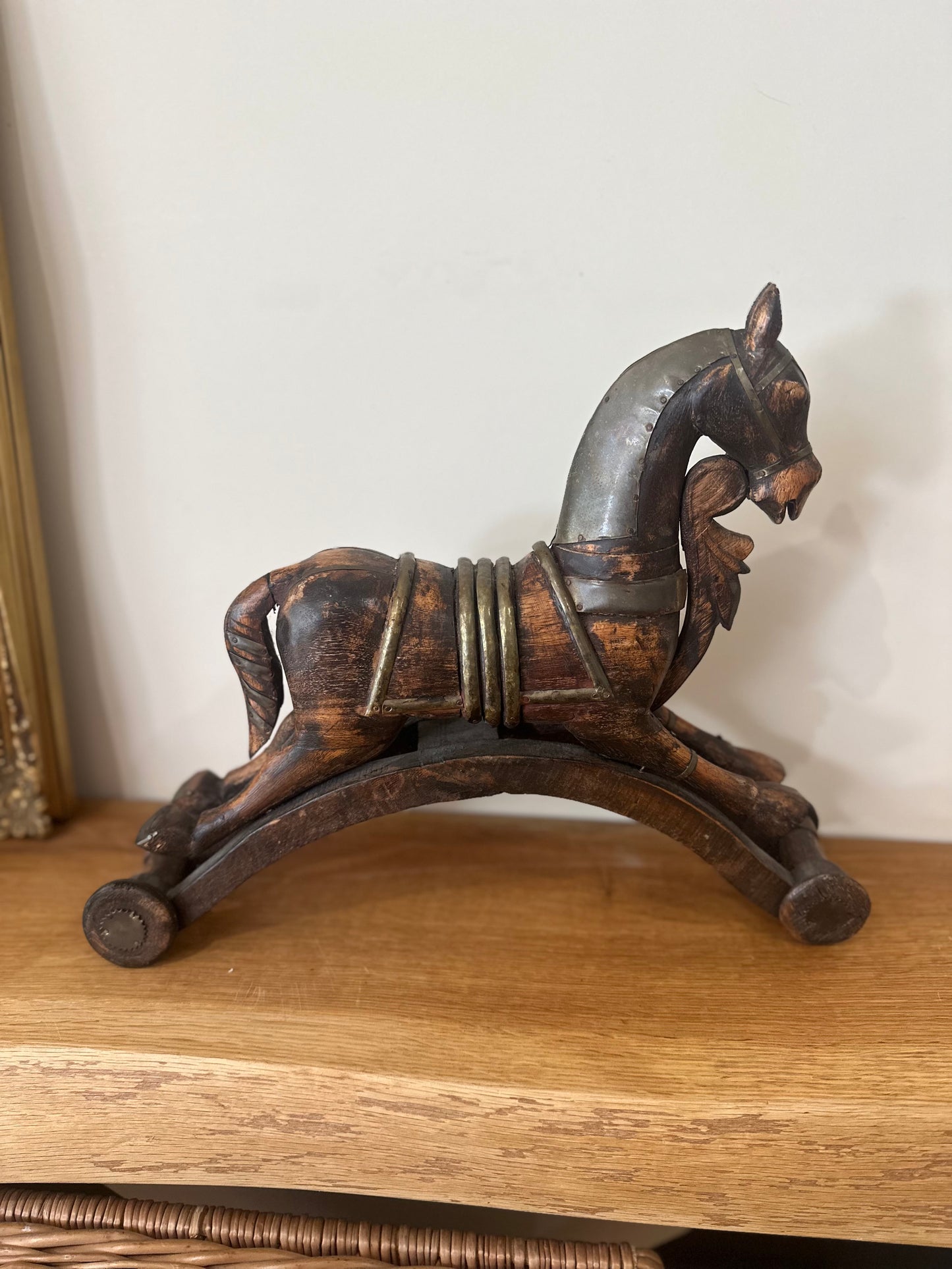Vintage wooden & brass folk art rocking horse