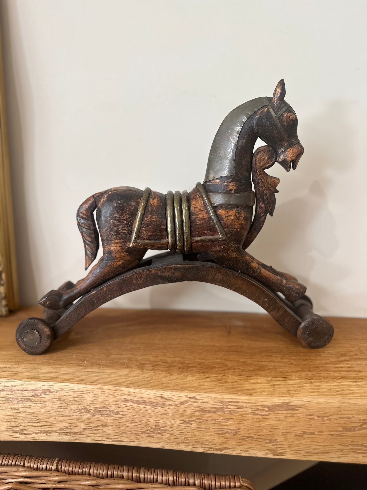 Vintage wooden & brass folk art rocking horse