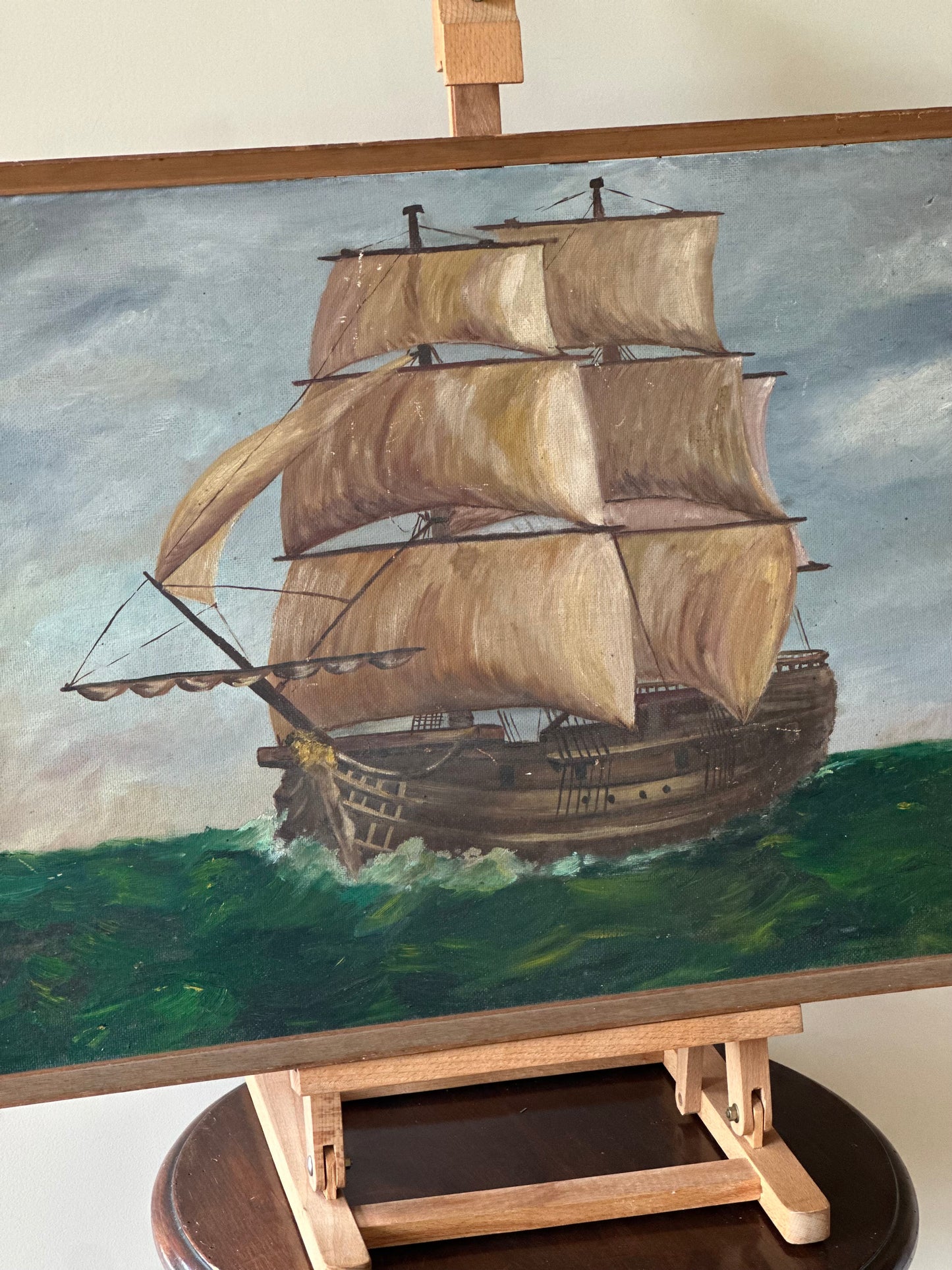 Vintage wall art oil on board signed framed - boat