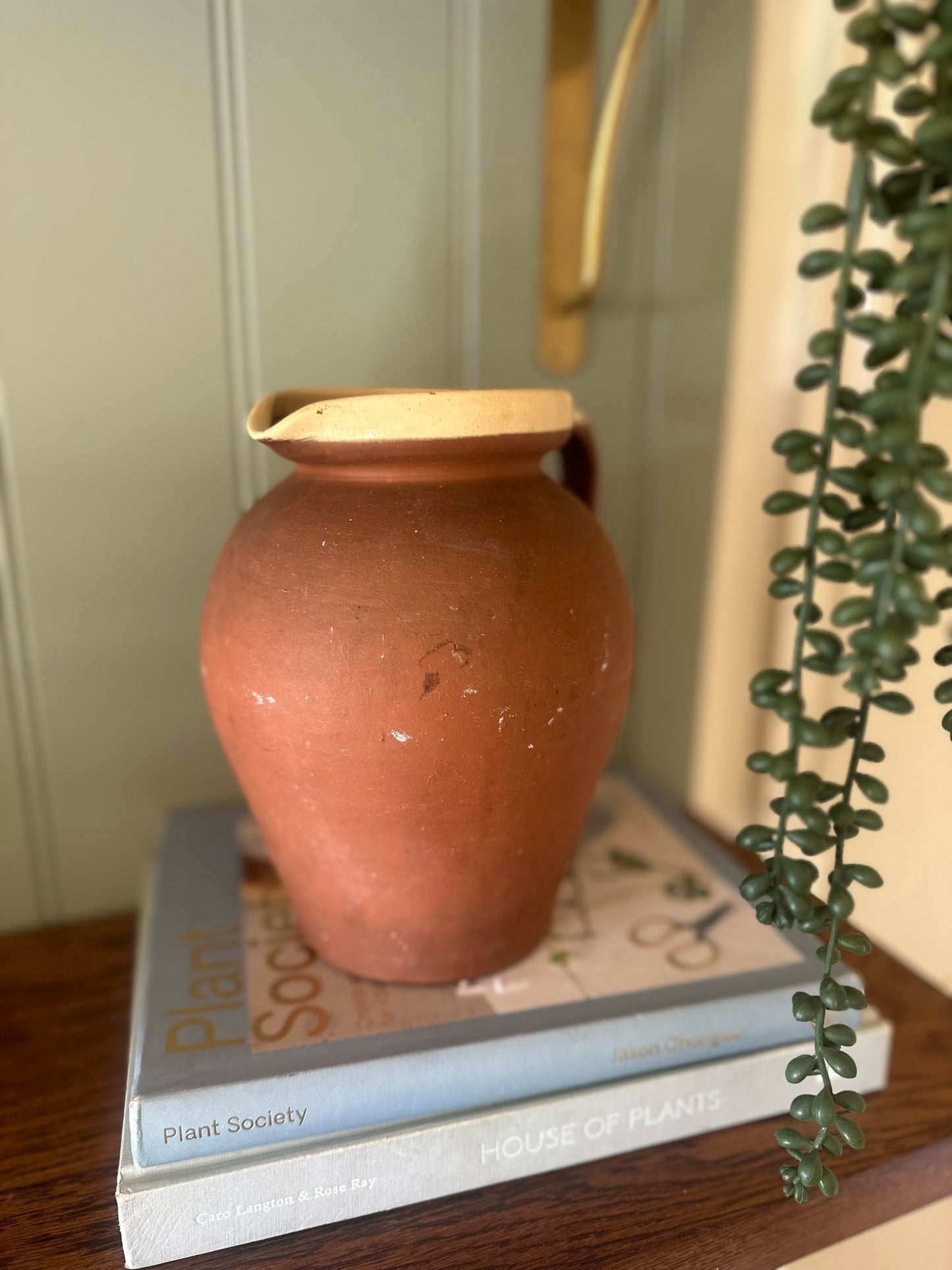 English terracotta vintage jug glazed rim cream