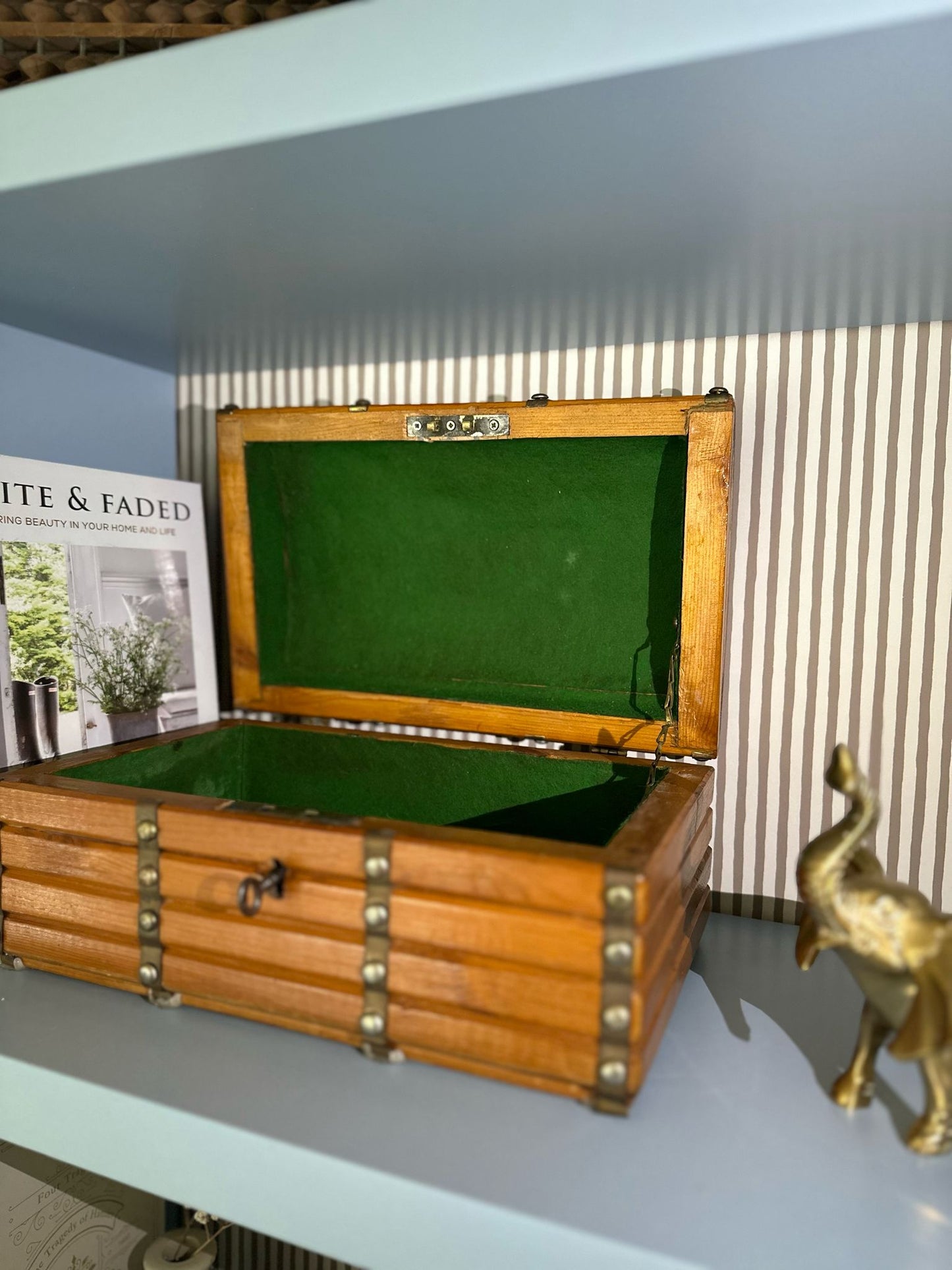 scratch built wooden box with key vintage brass