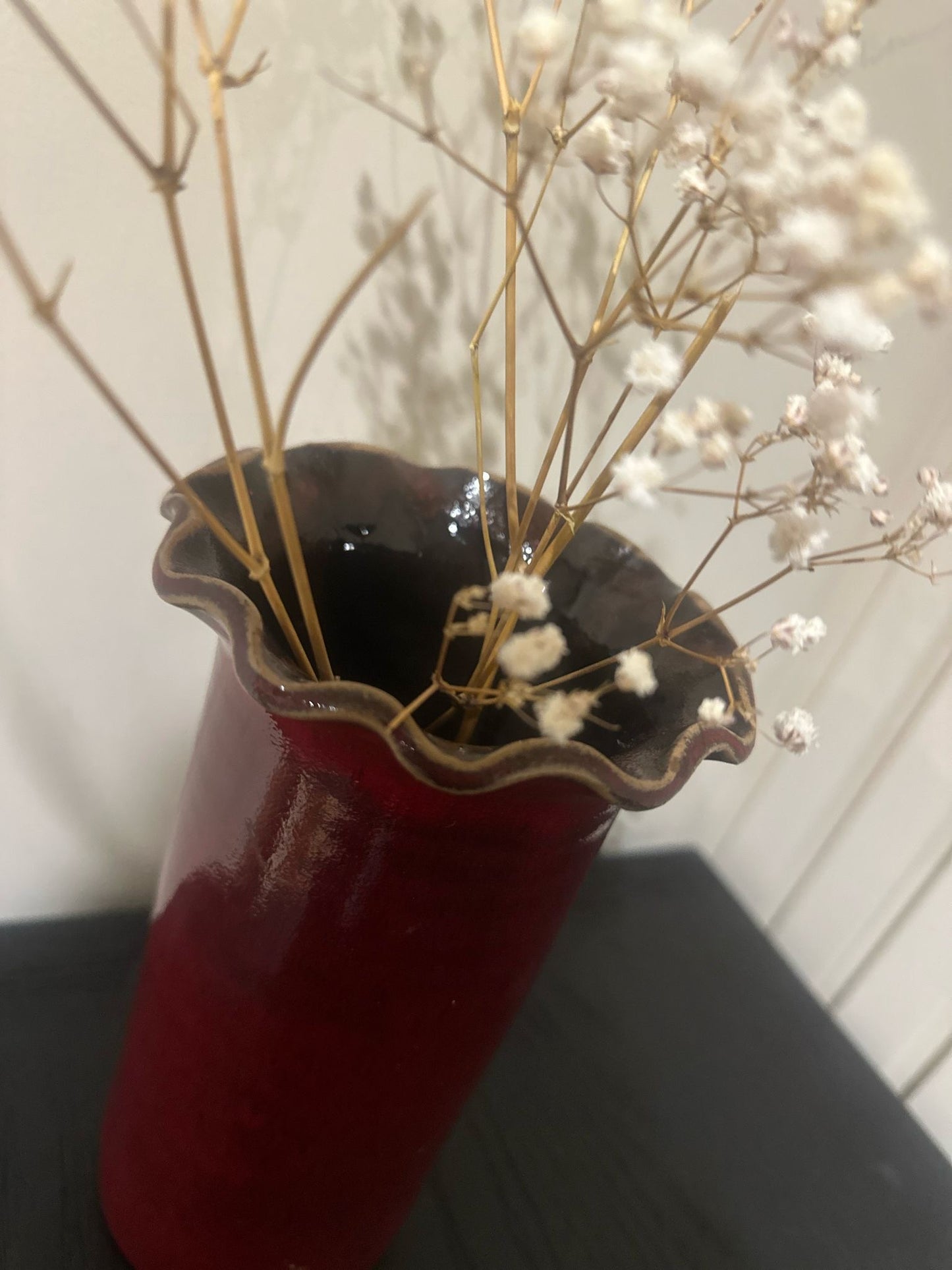 vintage studio pottery ruffle edge tall vase red