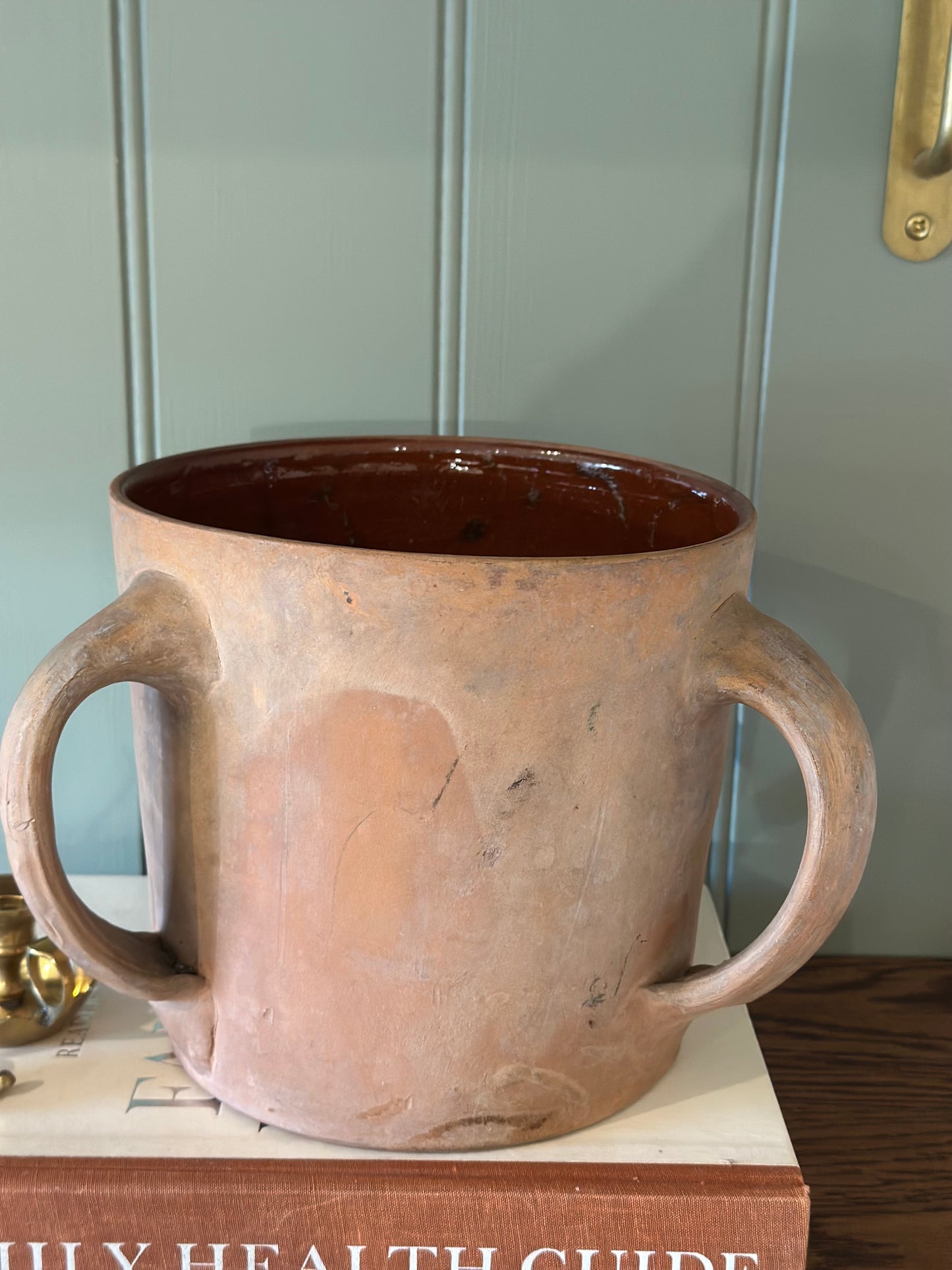 English Devon hand thrown triple handle planter - inside glaze