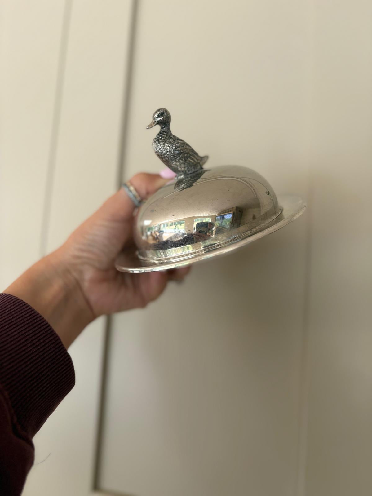 Silver duck butter dish vintage very rare