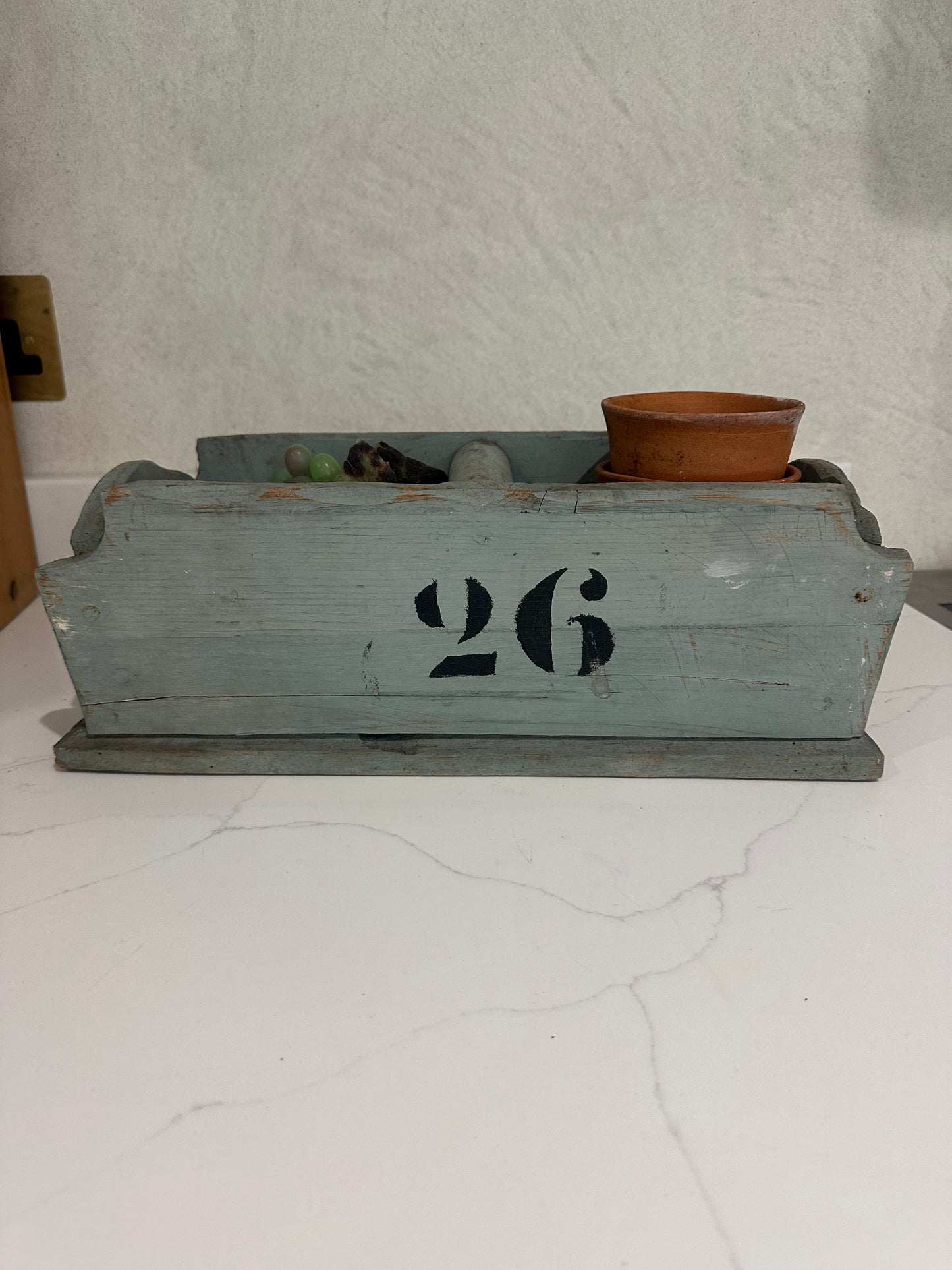 Vintage French baby blue chippy paint No 26 trug found in a vineyard