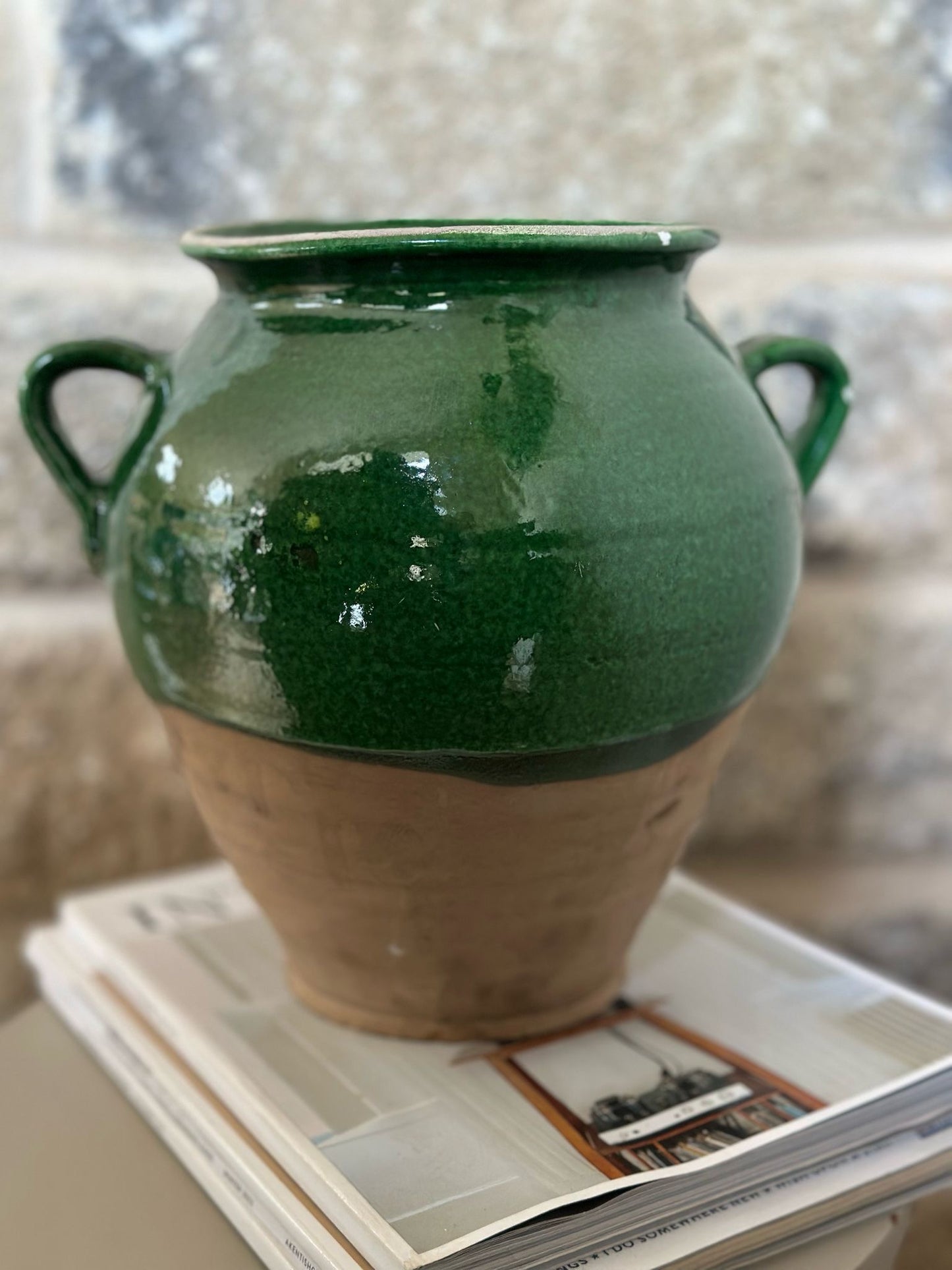 vintage large terracotta and green glazed pot