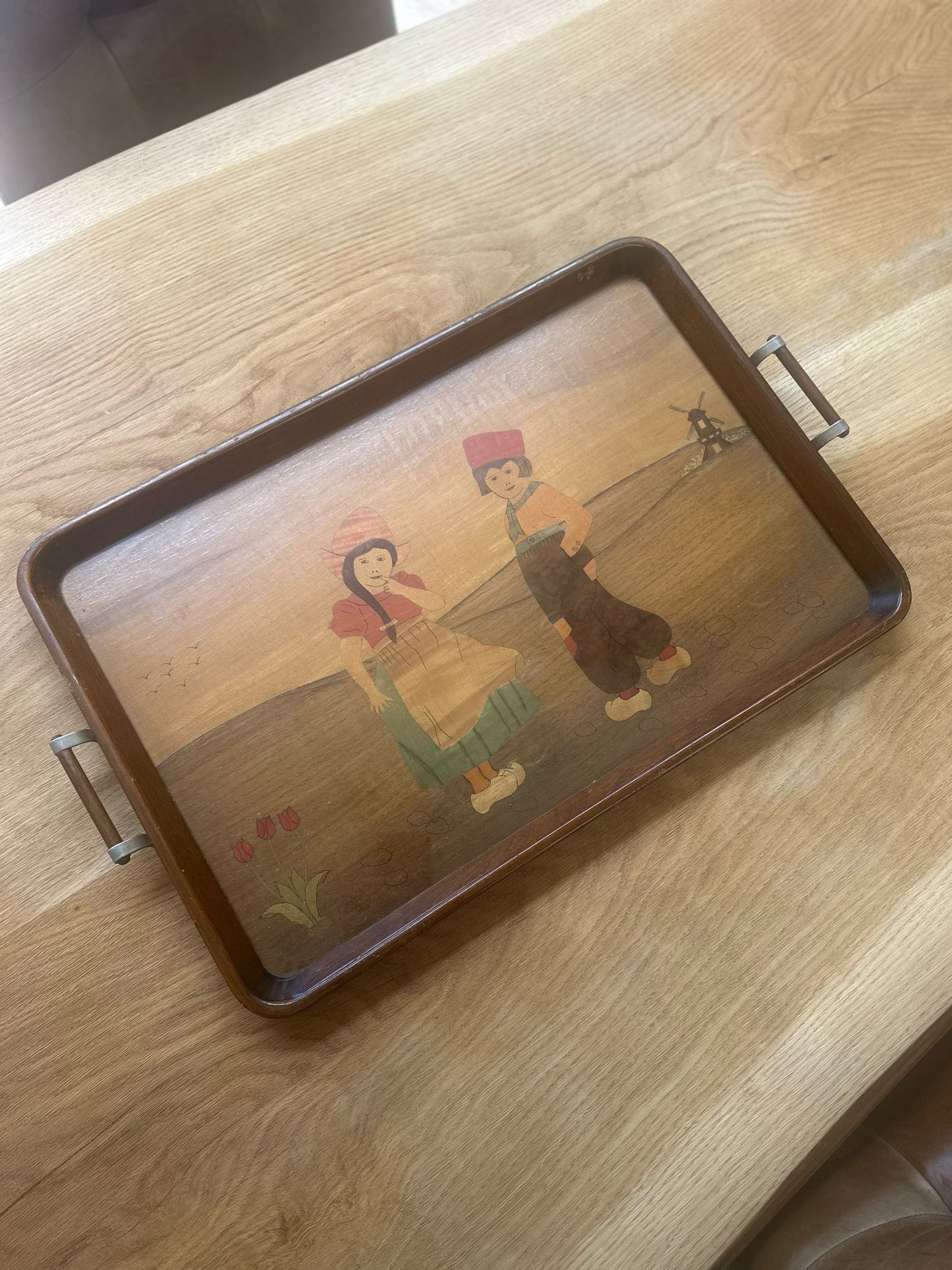 vintage Dutch large tray coloured wood inlay