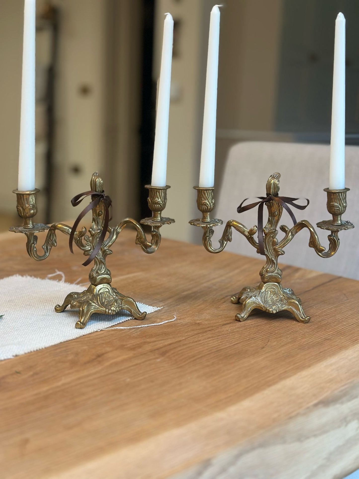 pair of vintage brass double candle holders