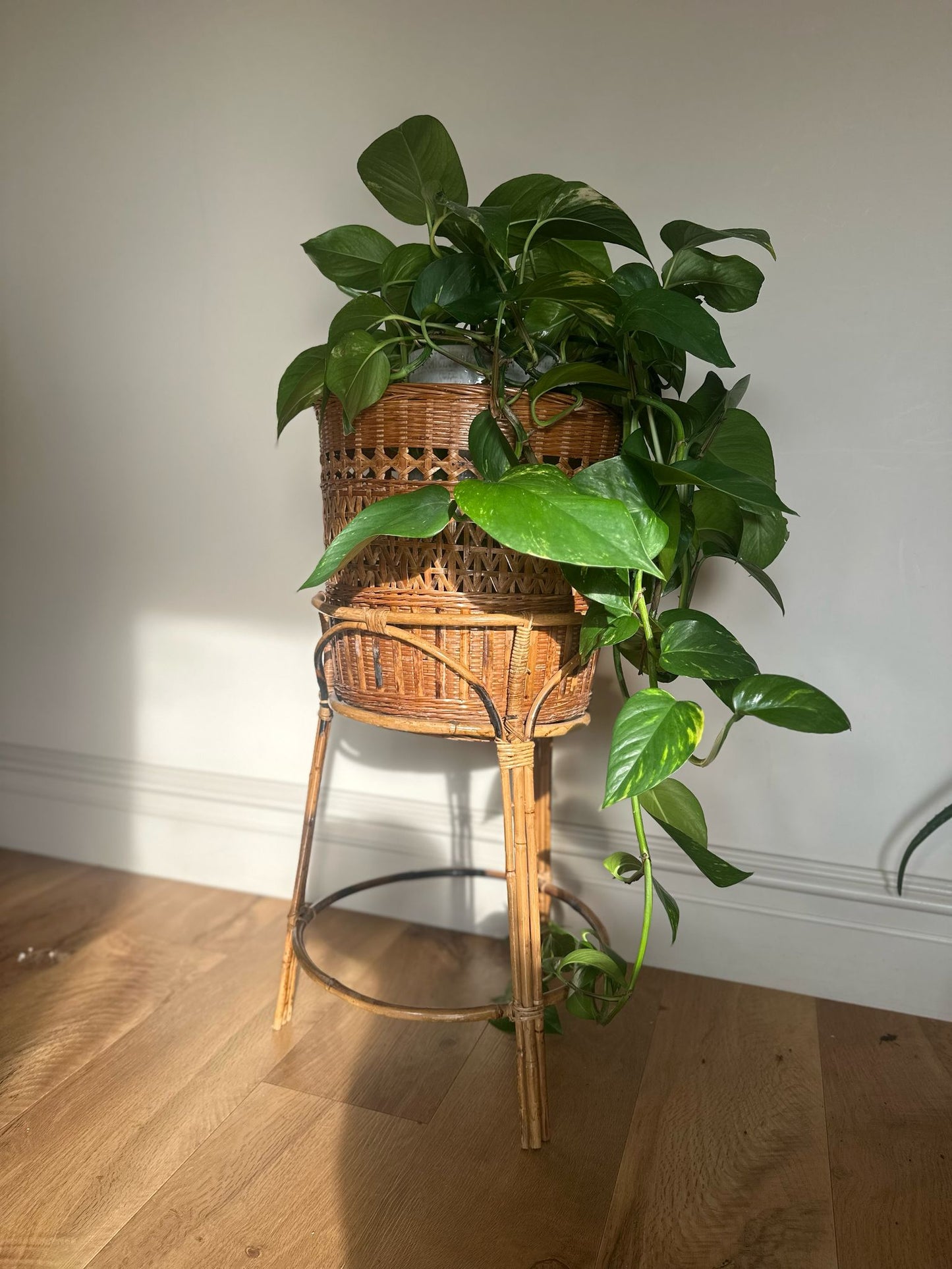 vintage wicker tall plant stand and basket