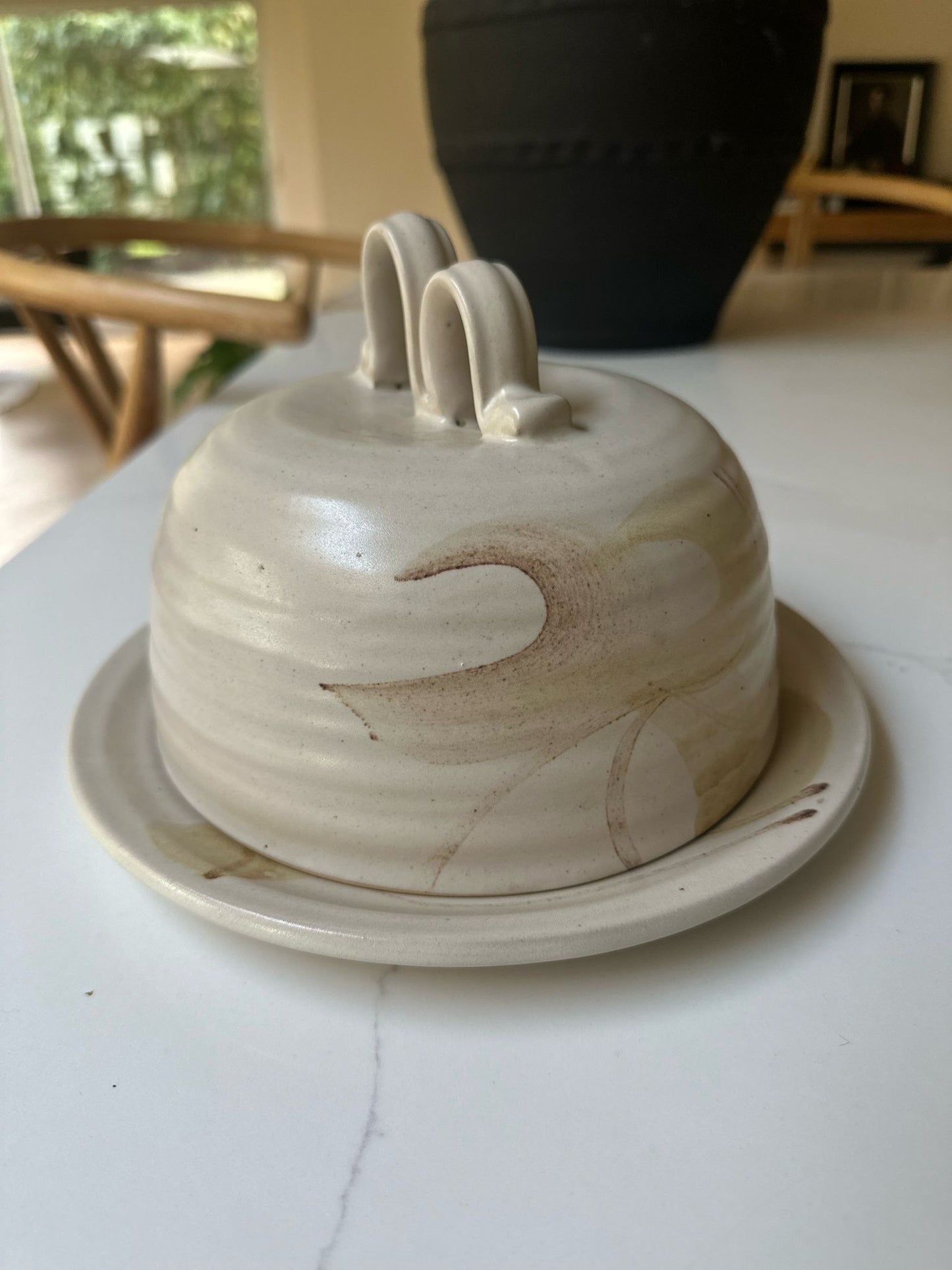 large cheese / butter dome neutral studio pottery