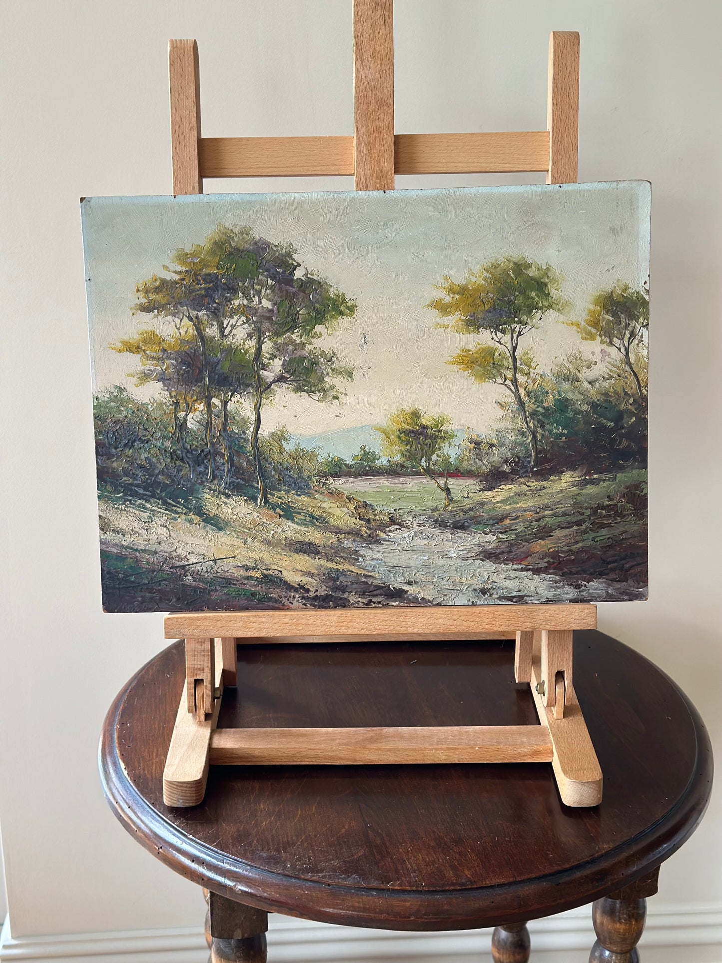 Oil on board - signed tree scene vintage painting