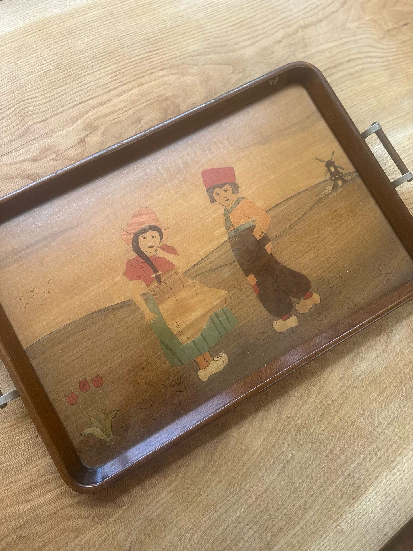 vintage Dutch large tray coloured wood inlay