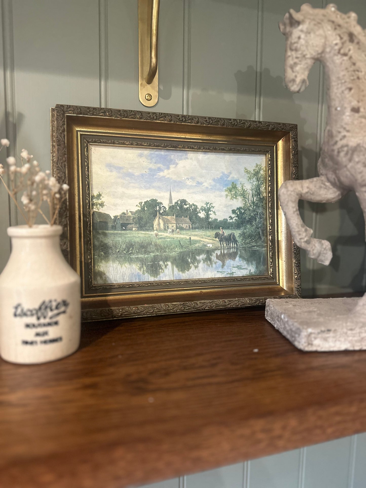 Vintage country scene painting on board framed