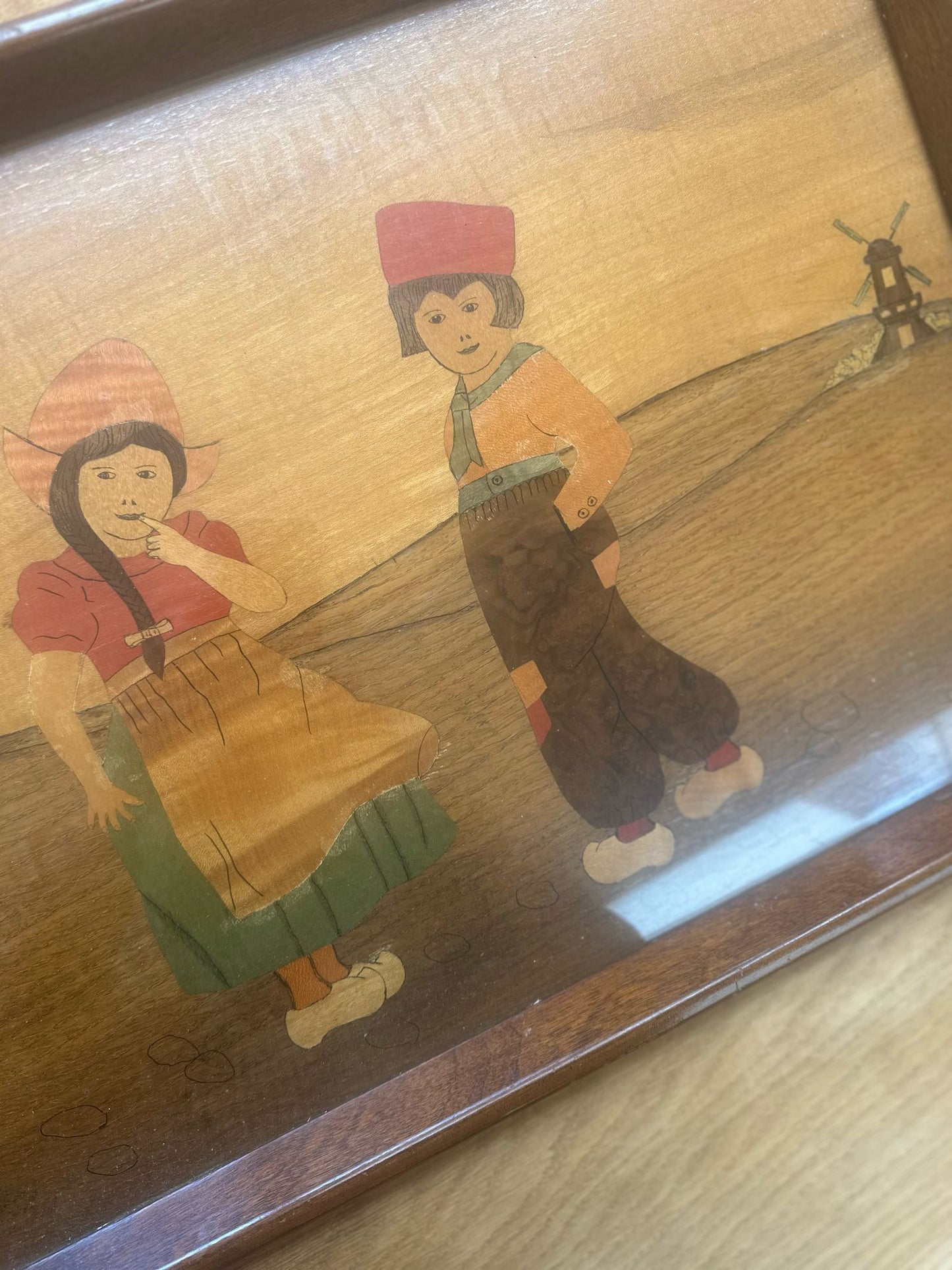 vintage Dutch large tray coloured wood inlay