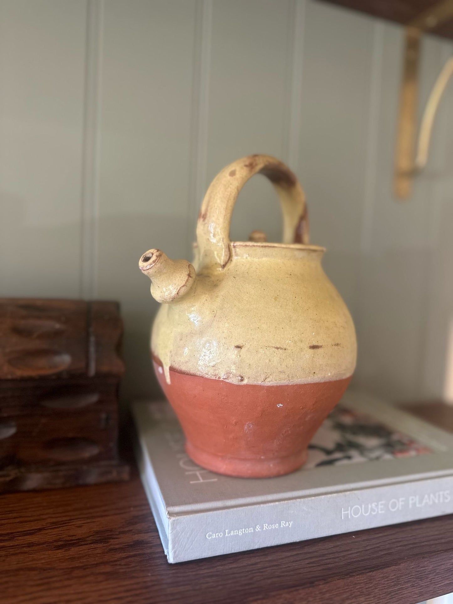 Antique French olive oil carrier glazed with lid