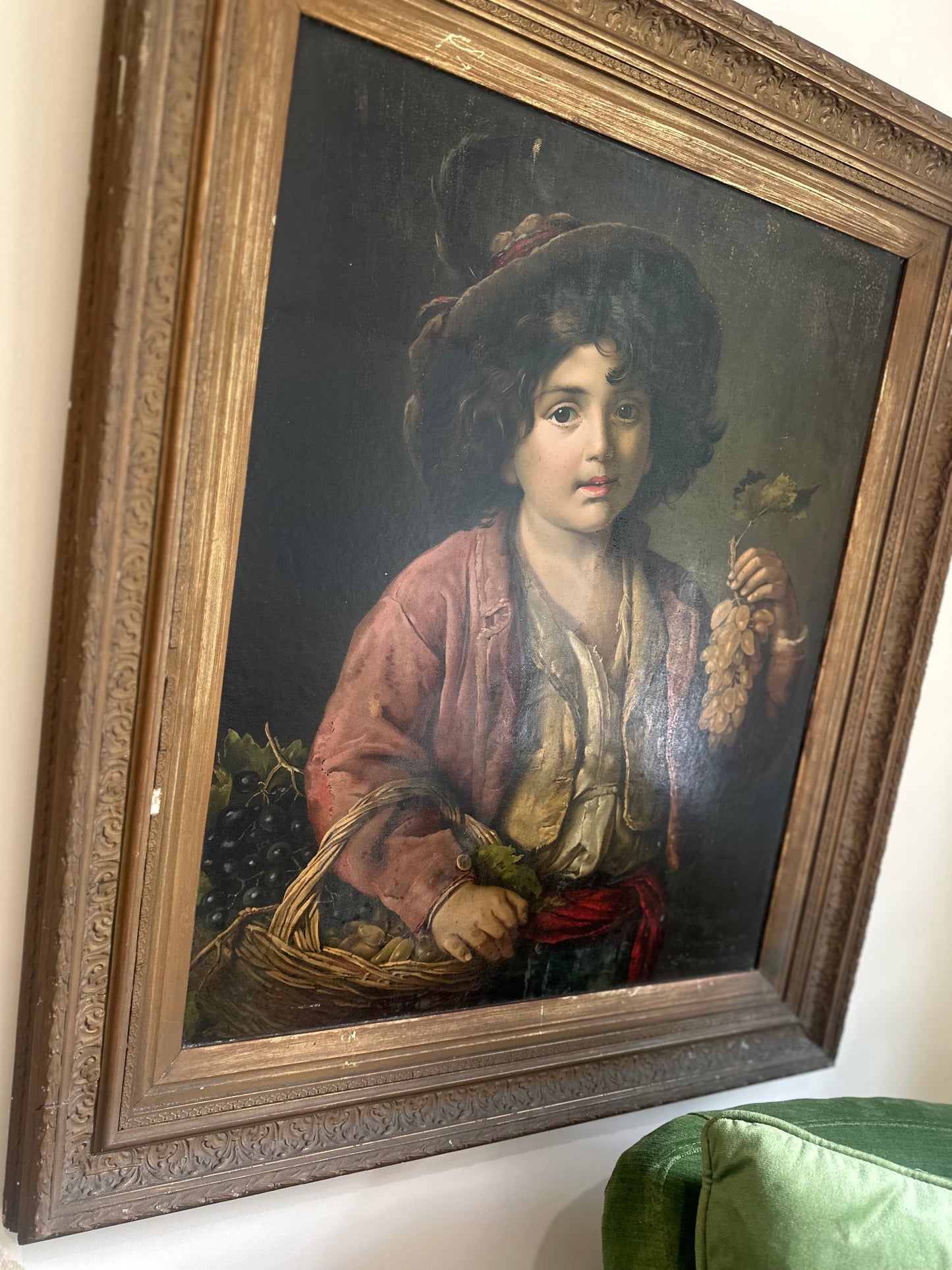 Boy with grapes large high quality oleograph painting picture framed signed