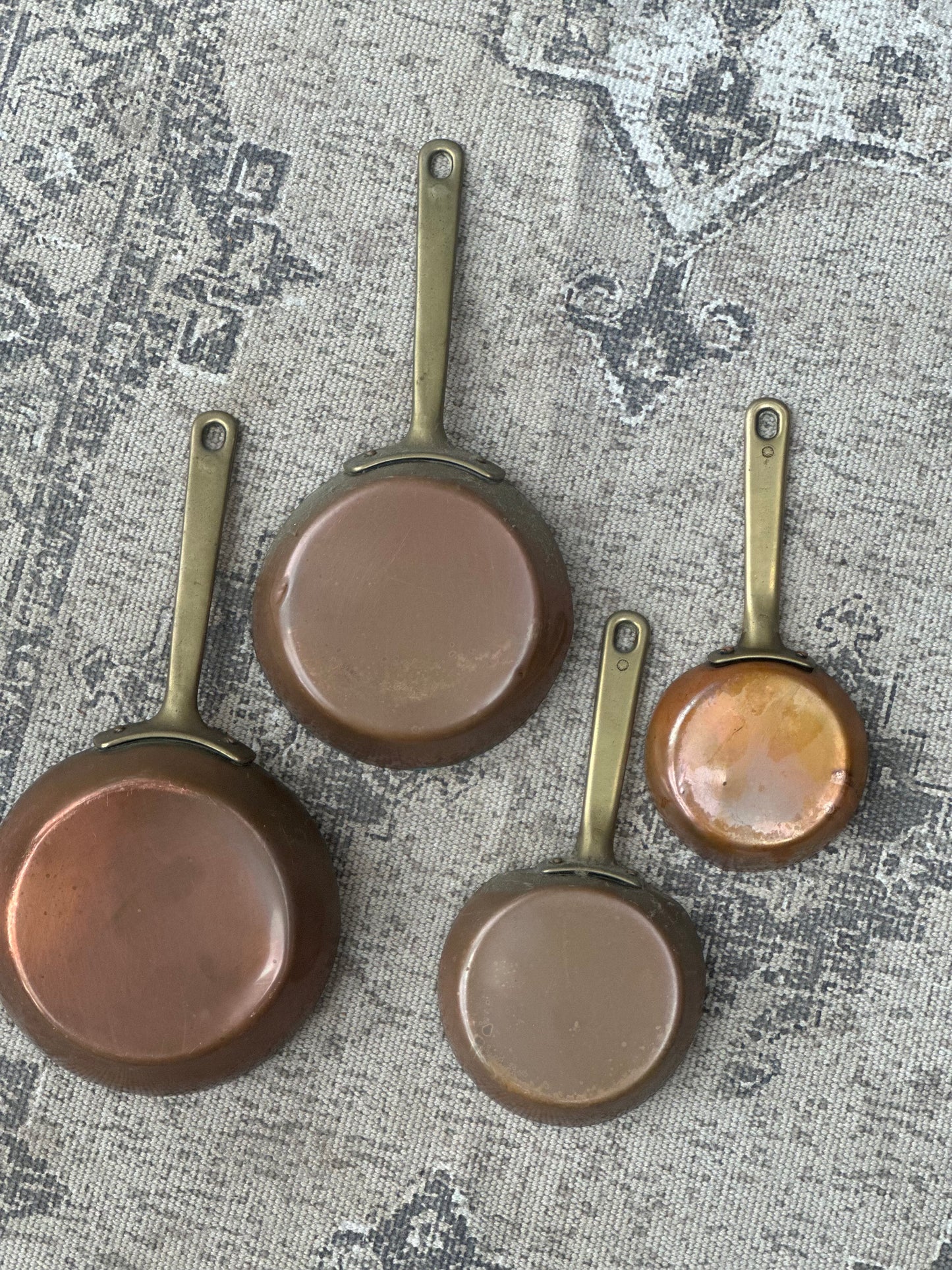 Set of 4 copper & brass hanging frying pans