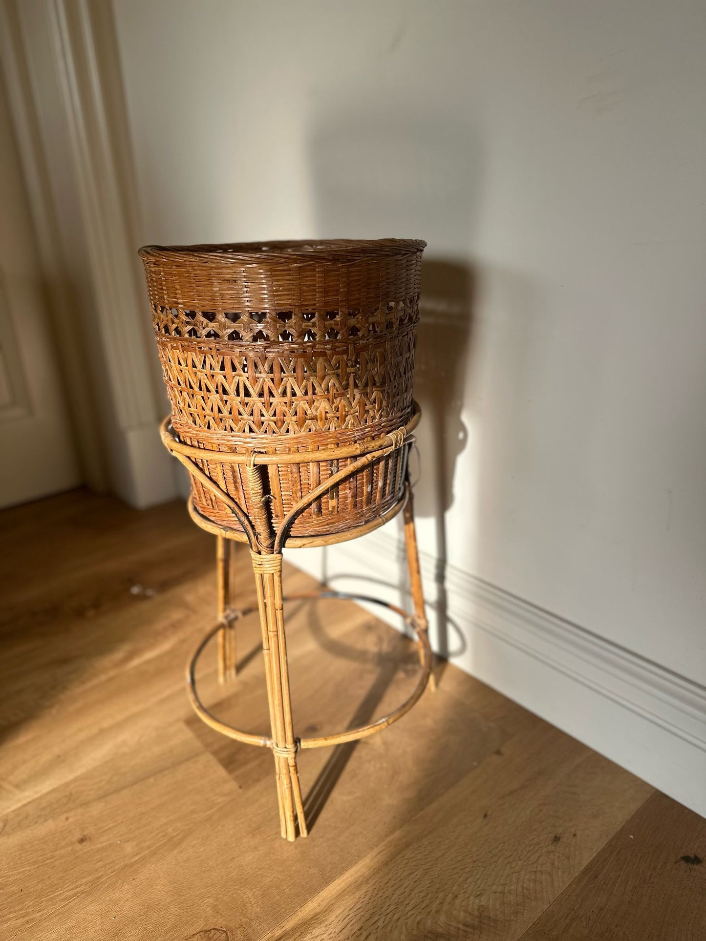vintage wicker tall plant stand and basket