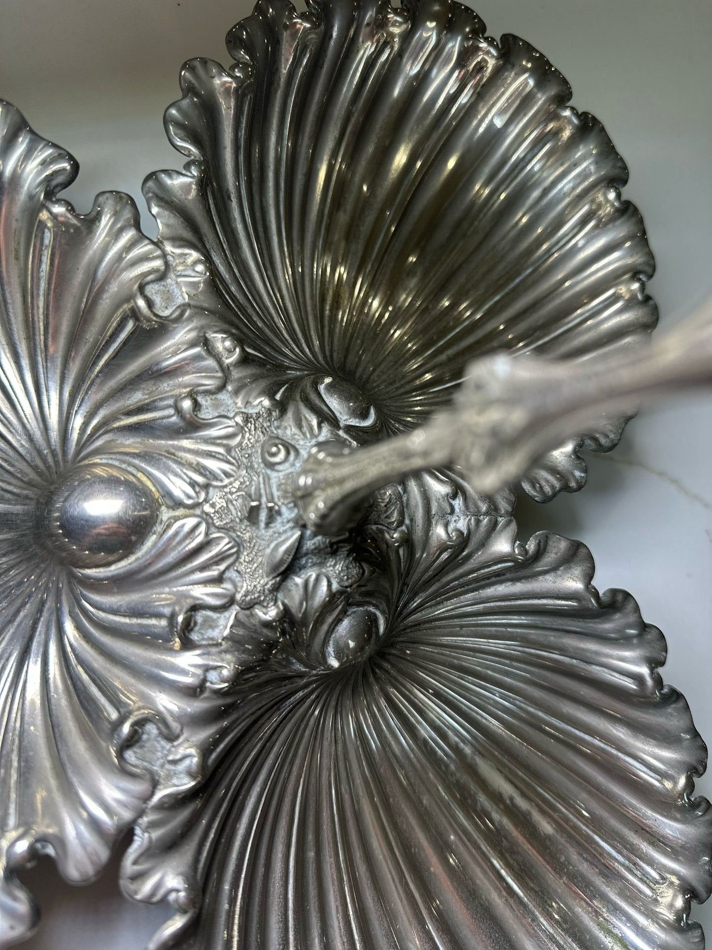 Victorian shell trio silver nibbles tray handle