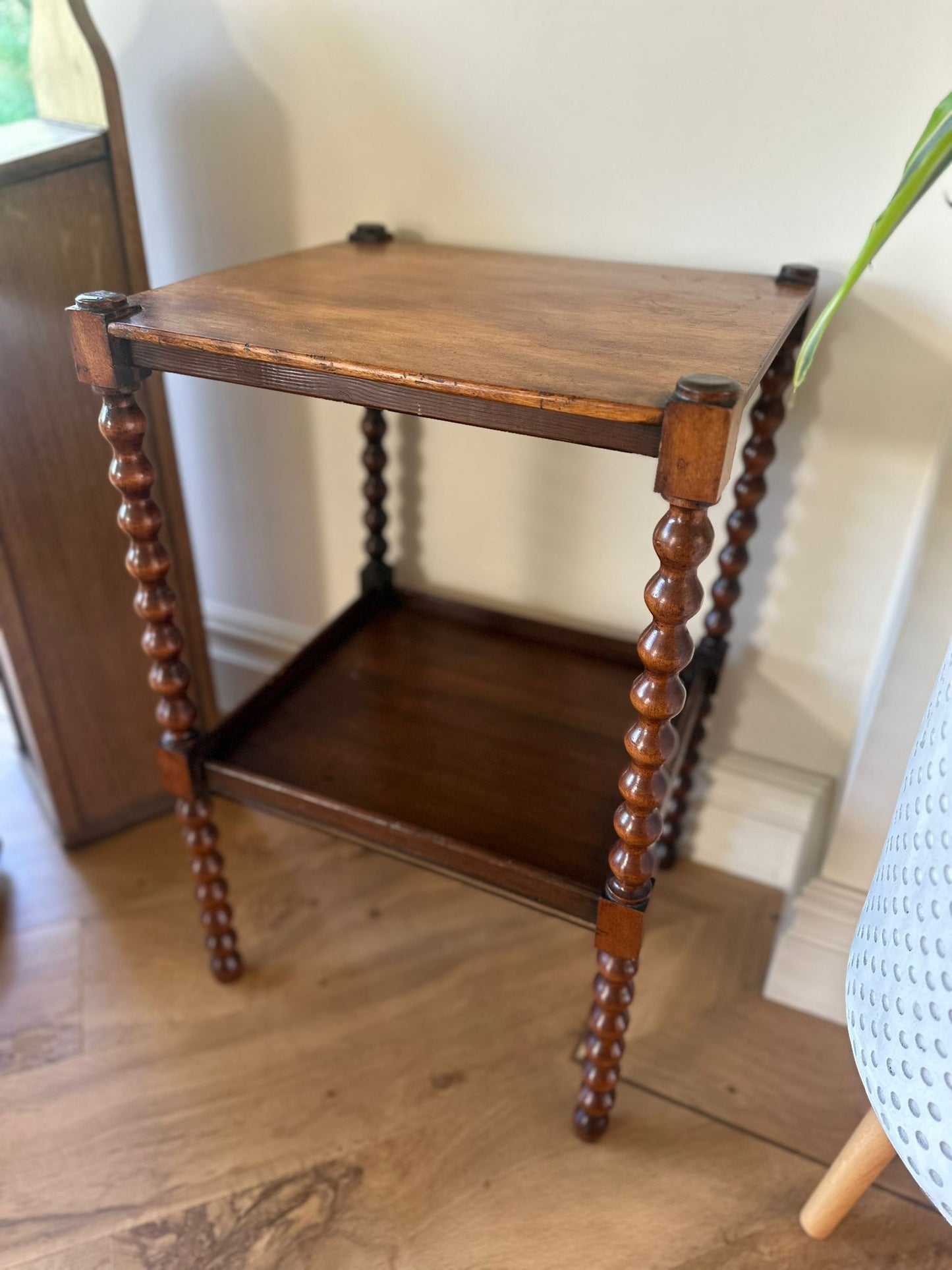 vintage bobbin side table with shelf