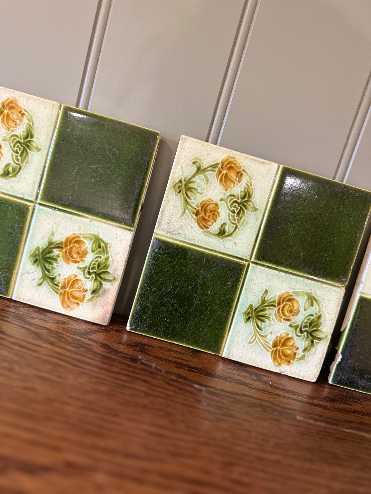 3 x vintage chequerboard tiles English roses