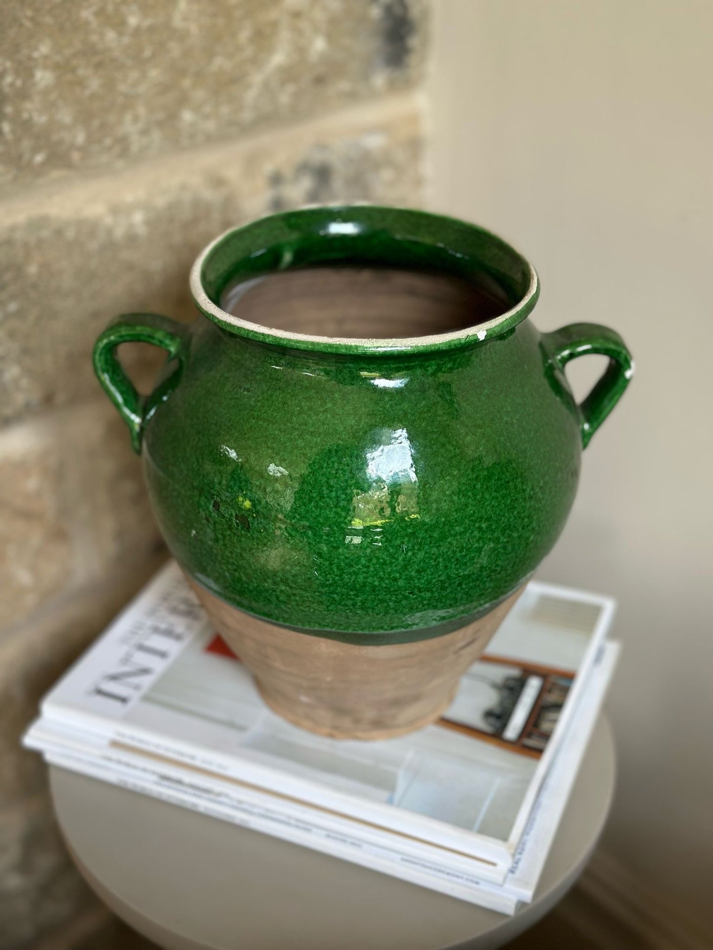 vintage large terracotta and green glazed pot