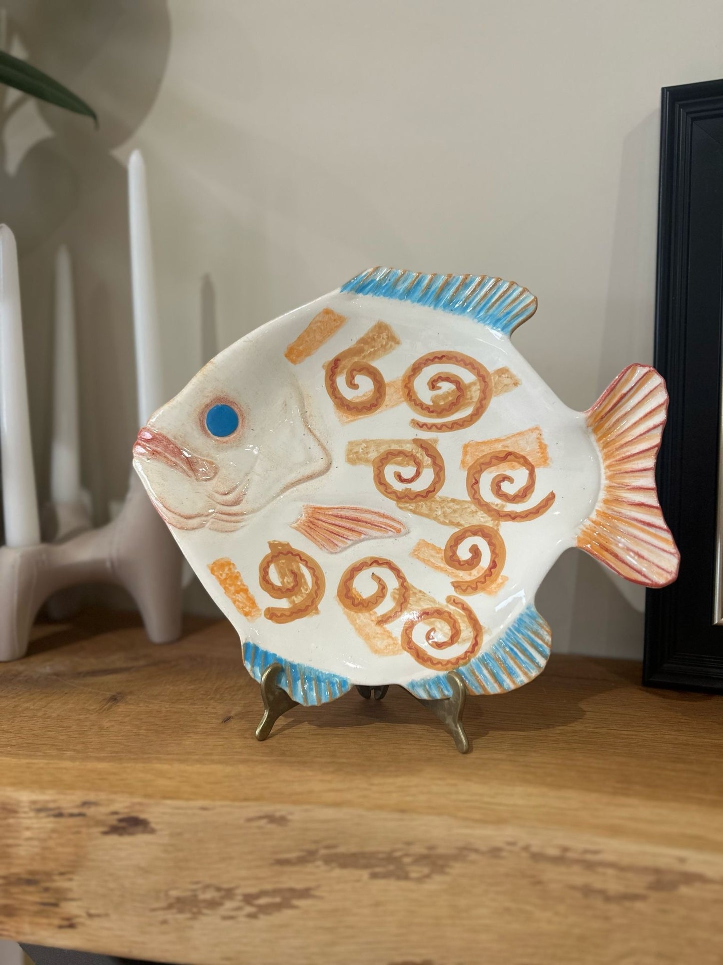 vintage signed studio pottery fish display plate