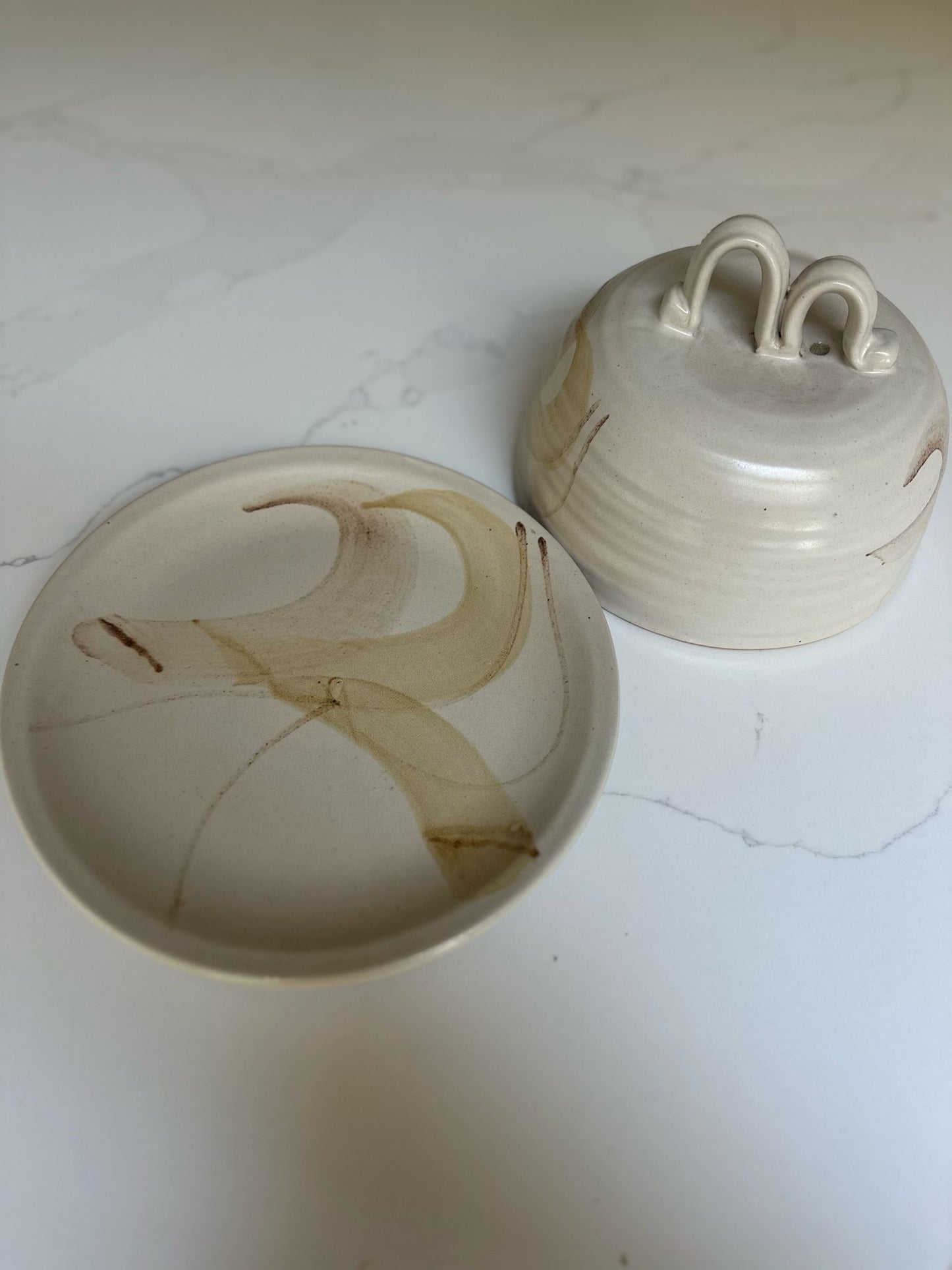 large cheese / butter dome neutral studio pottery