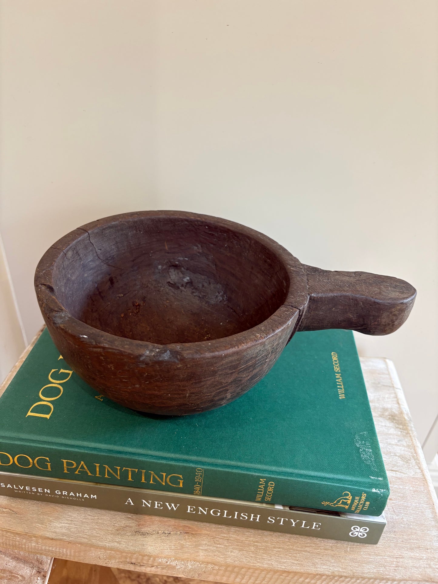 Indian primitive large wooden bowl with handle