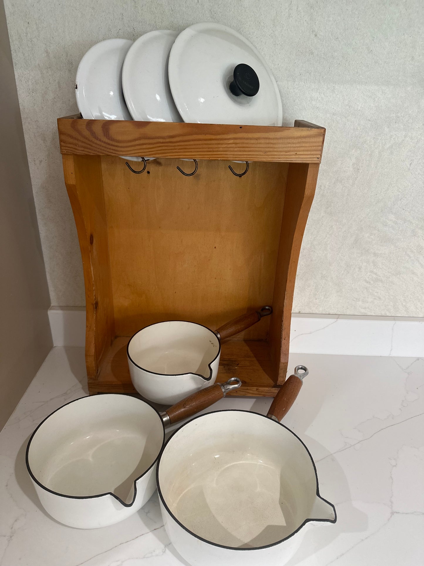 Vintage Set of Le creuset pans inc wall cabinet