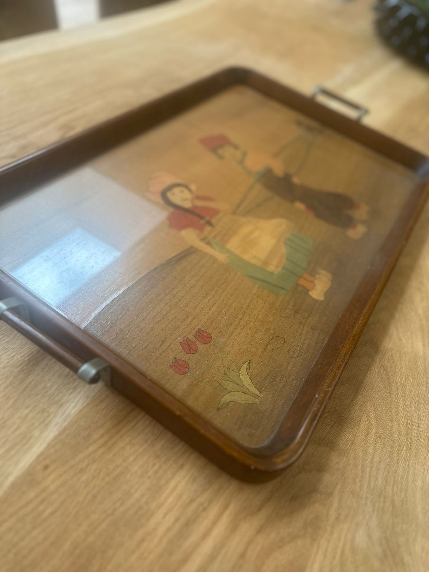 vintage Dutch large tray coloured wood inlay