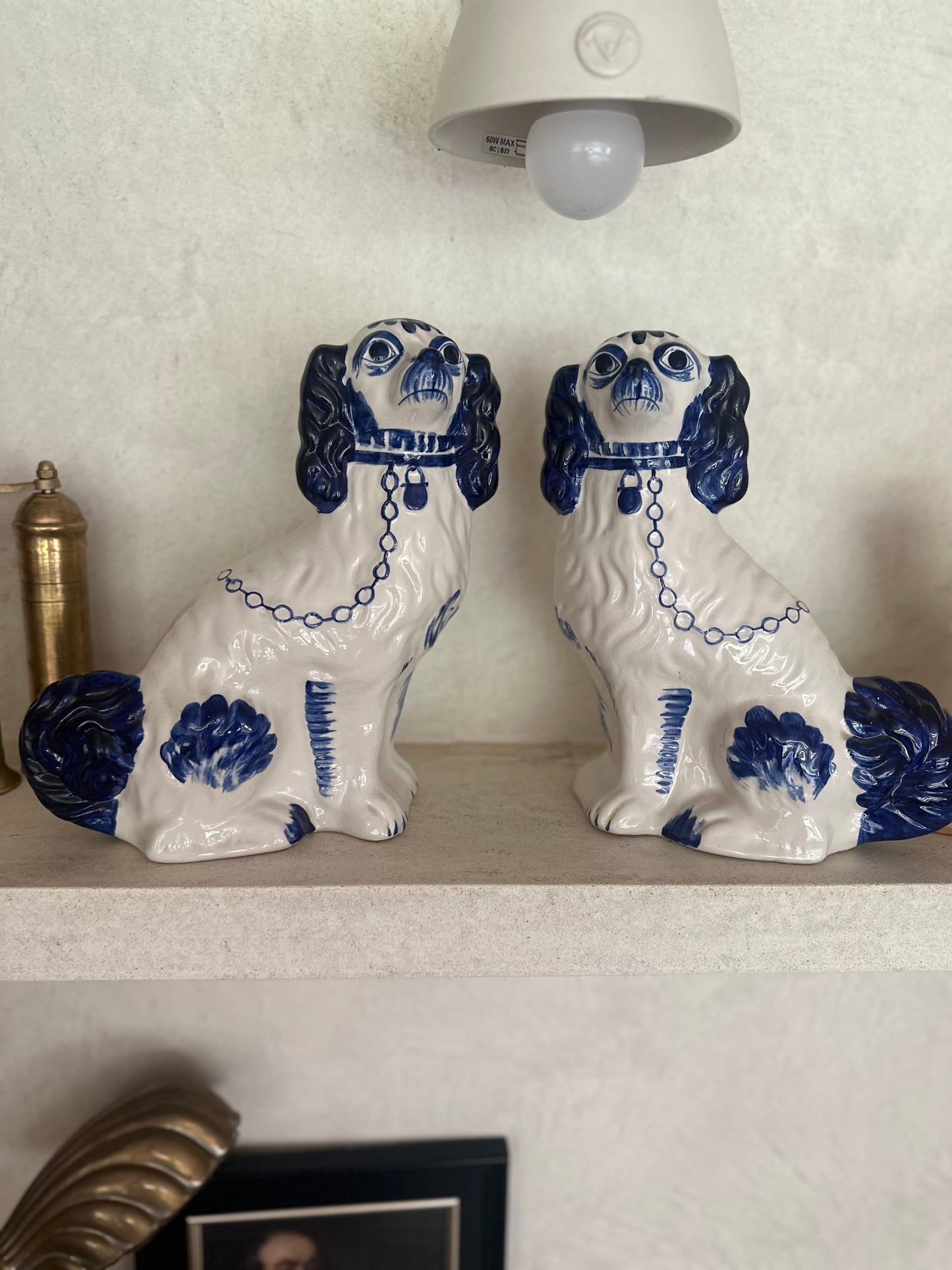 Pair of hand painted Staffordshire wally dogs large blue & white