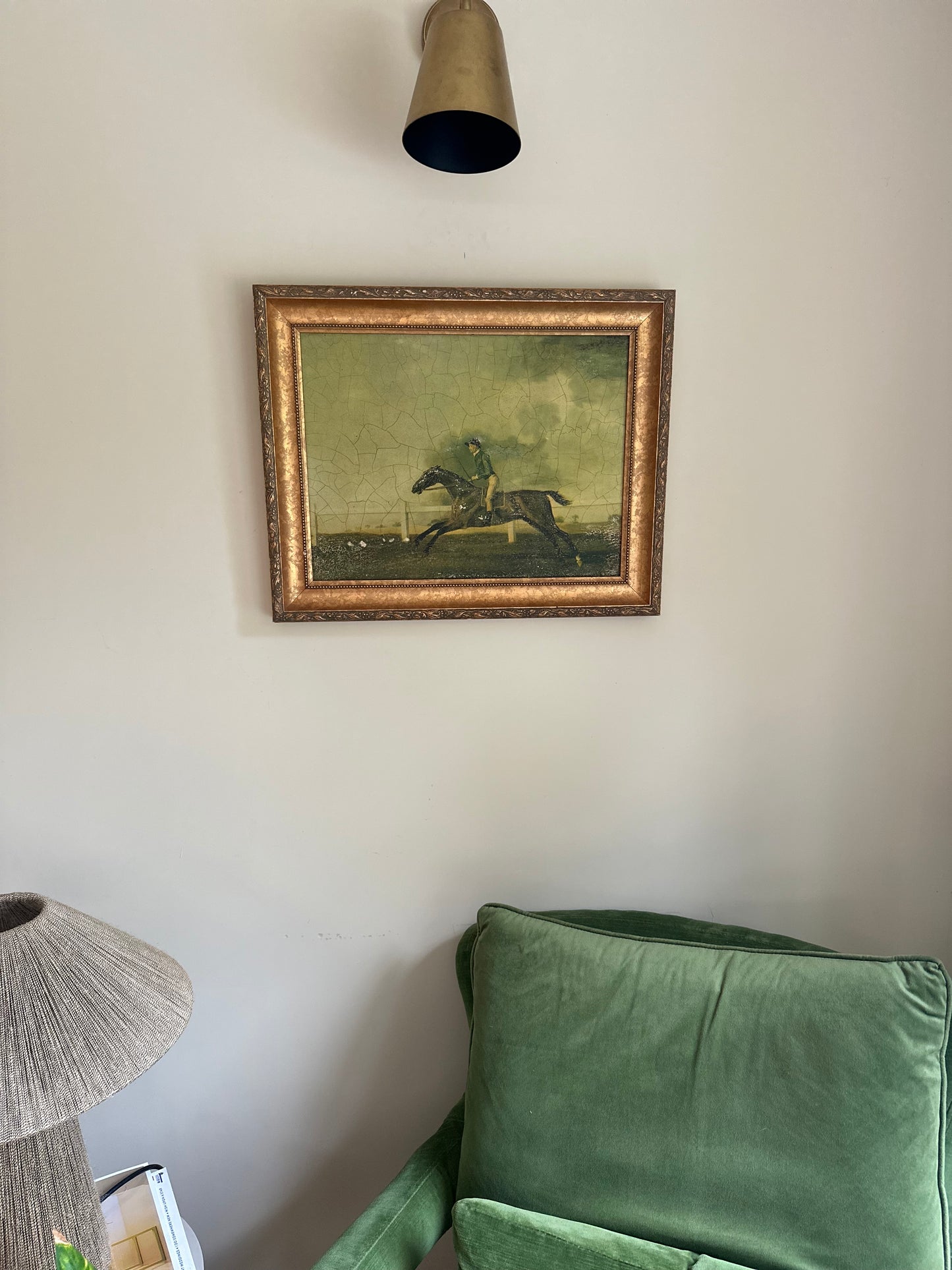 Framed oleograph of a racing horse vintage