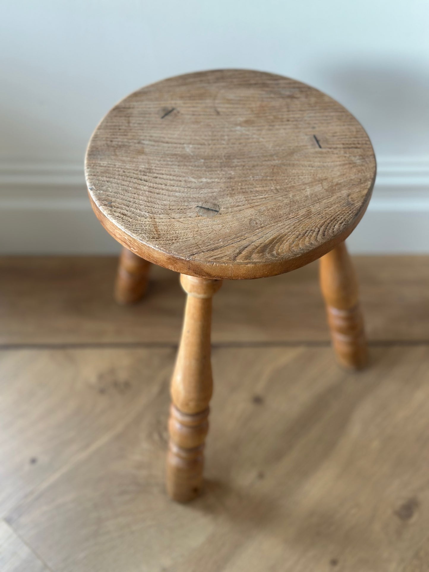 Vintage light wood hand turned leg stool