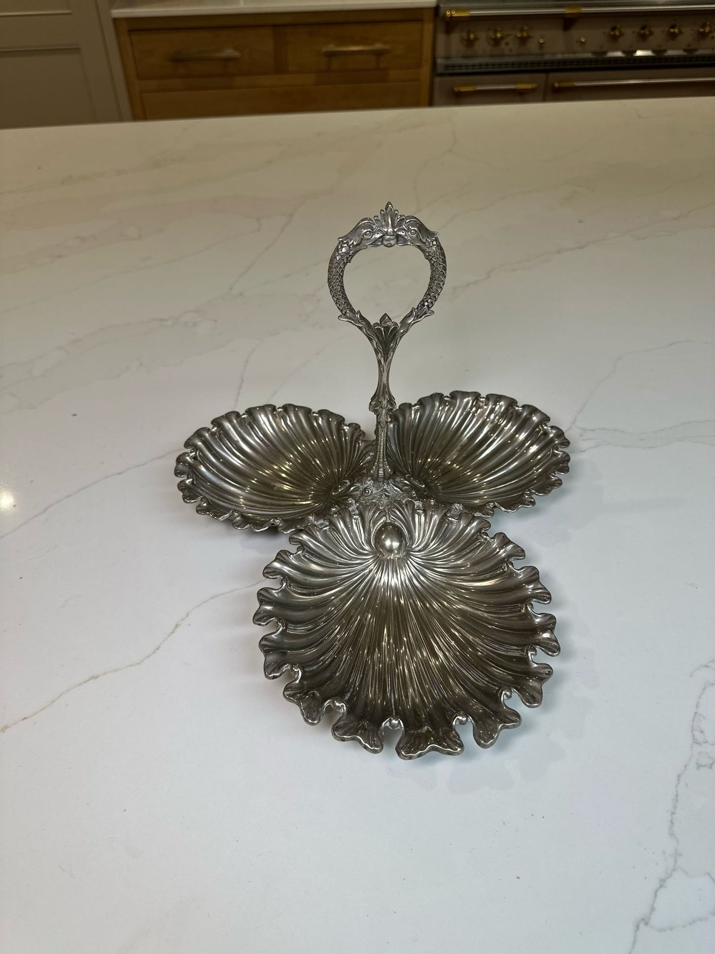 Victorian shell trio silver nibbles tray handle